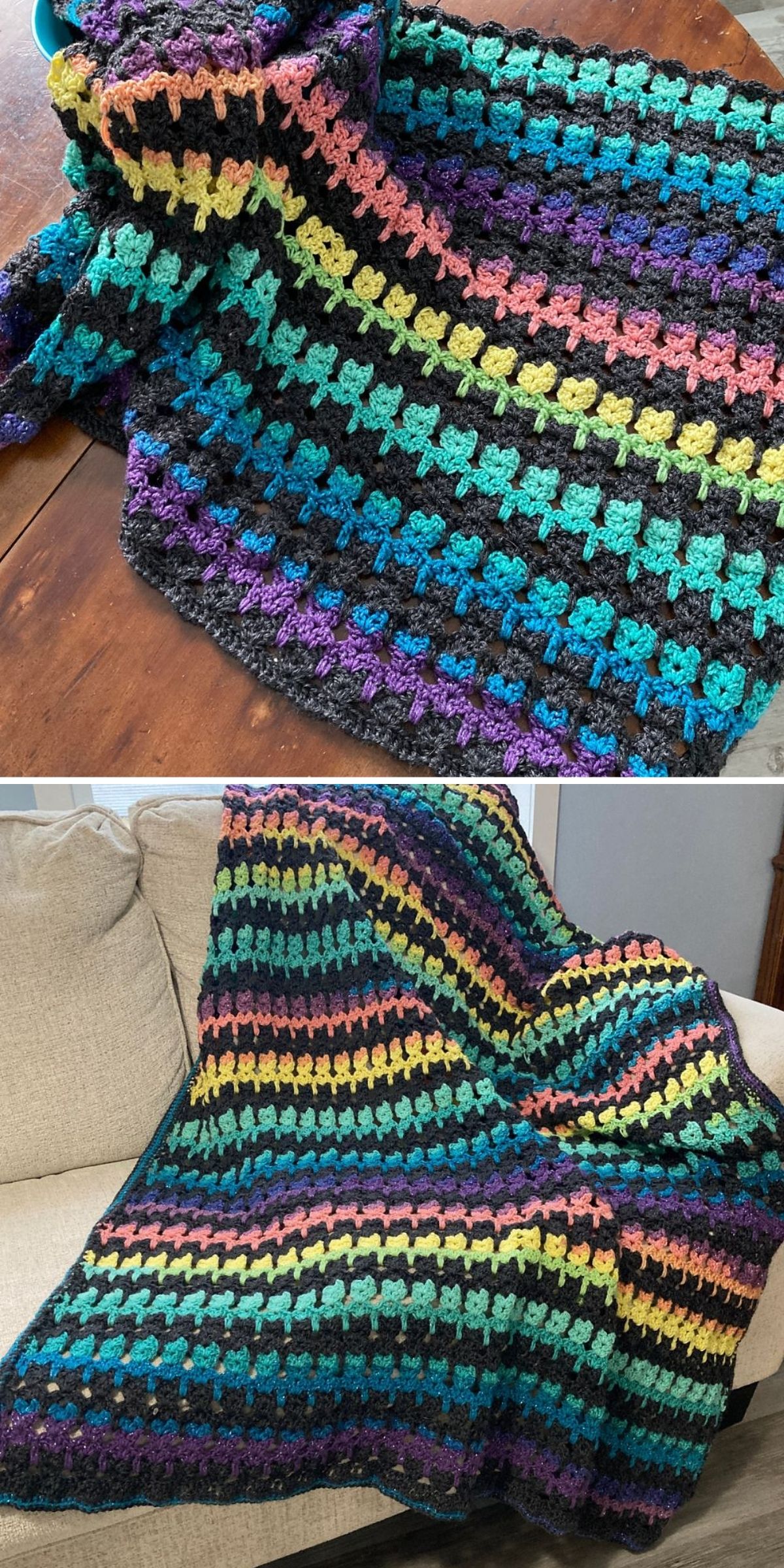 A crocheted blanket with multicolored stripes, including shades of black, purple, blue, green, yellow, and pink — with a charming crochet animal accent: cat stitch — is shown on a wooden table and draped over a beige couch.