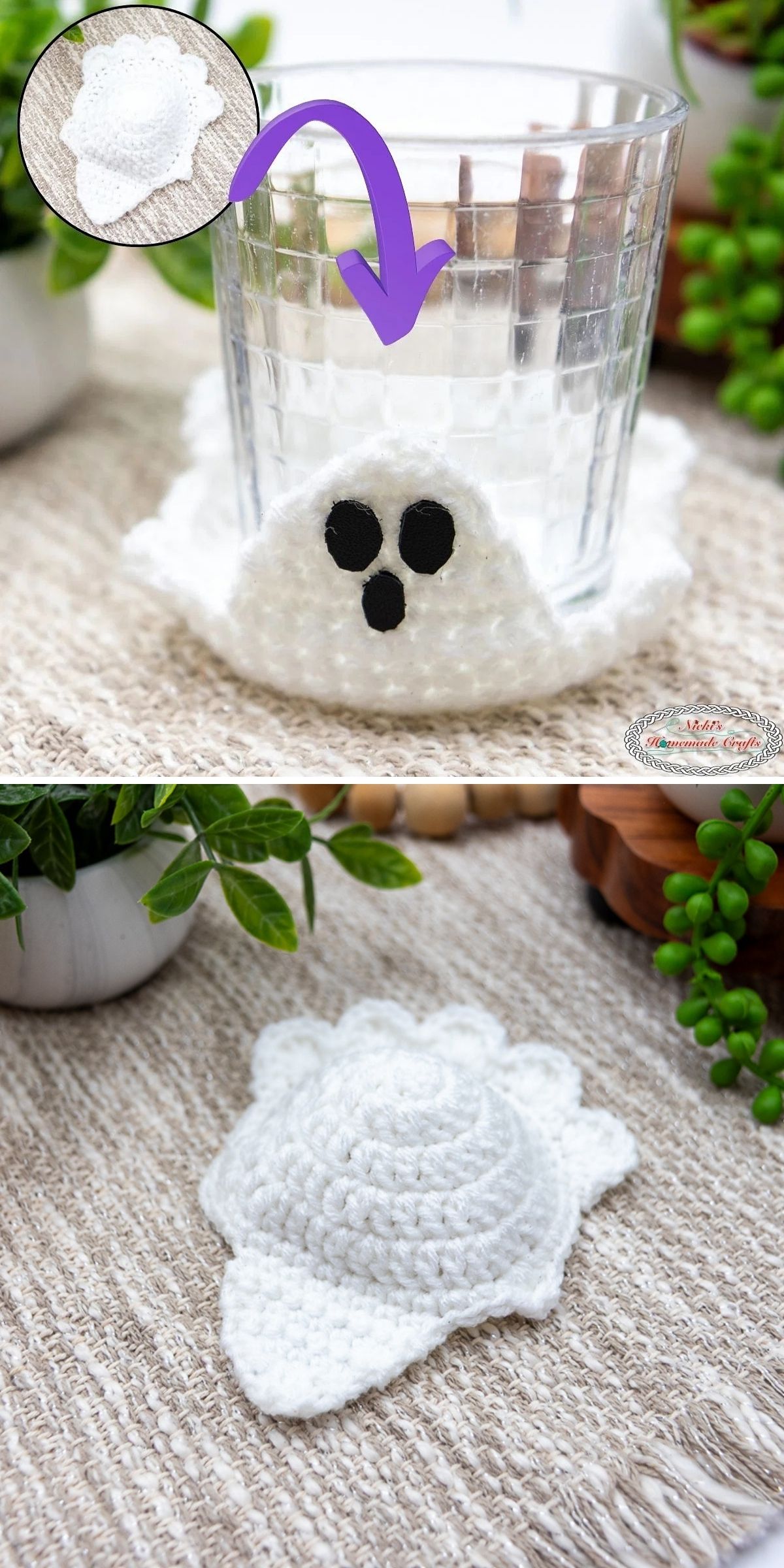 White crocheted ghost coaster, shown alone and wrapped around the base of a drinking glass.
