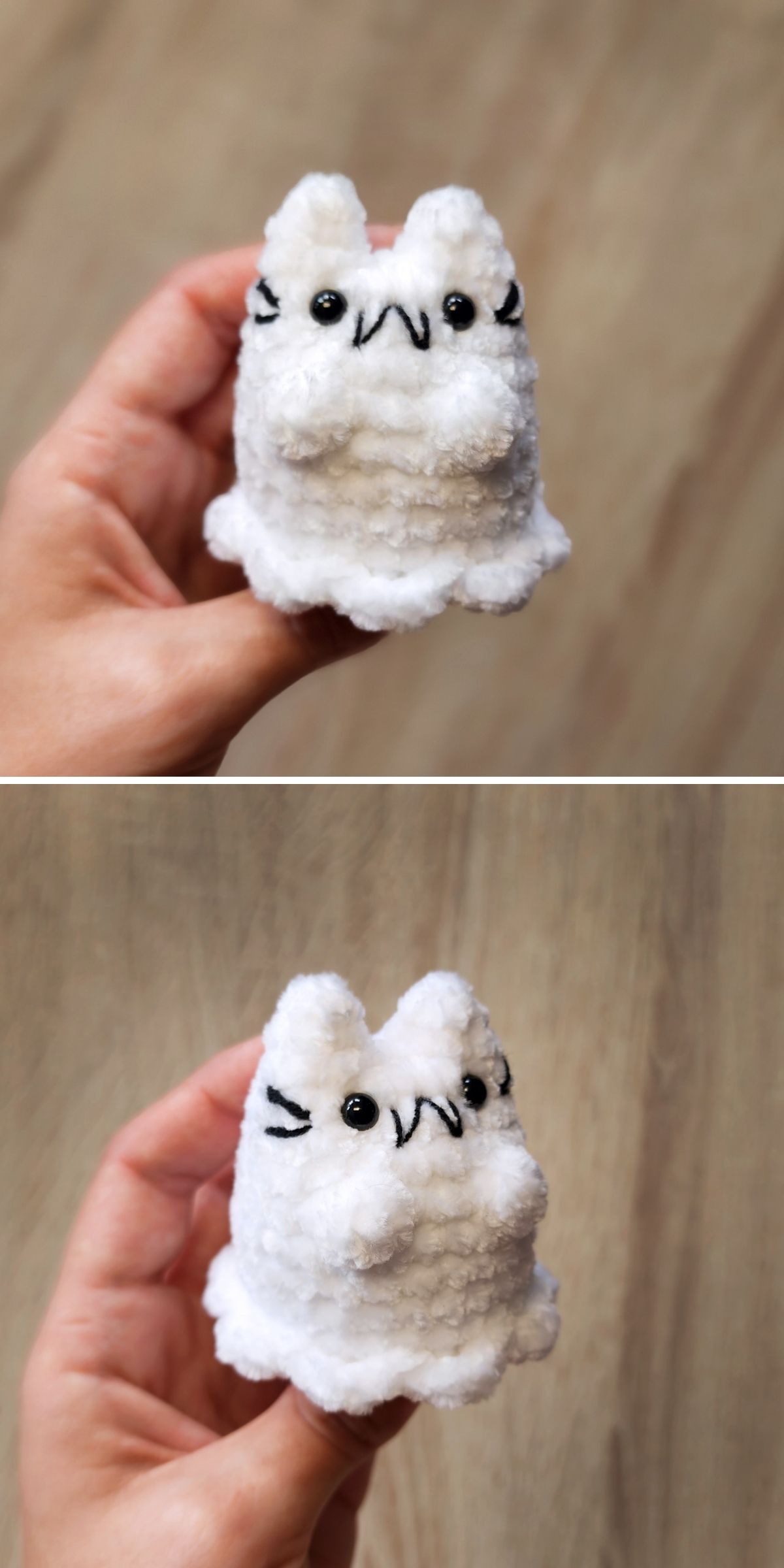 A hand holds a small, white, fluffy plush cat toy with black button eyes and embroidered black whiskers, shown from two angles — perfect inspiration for Halloween or those searching for adorable free crochet patterns.
