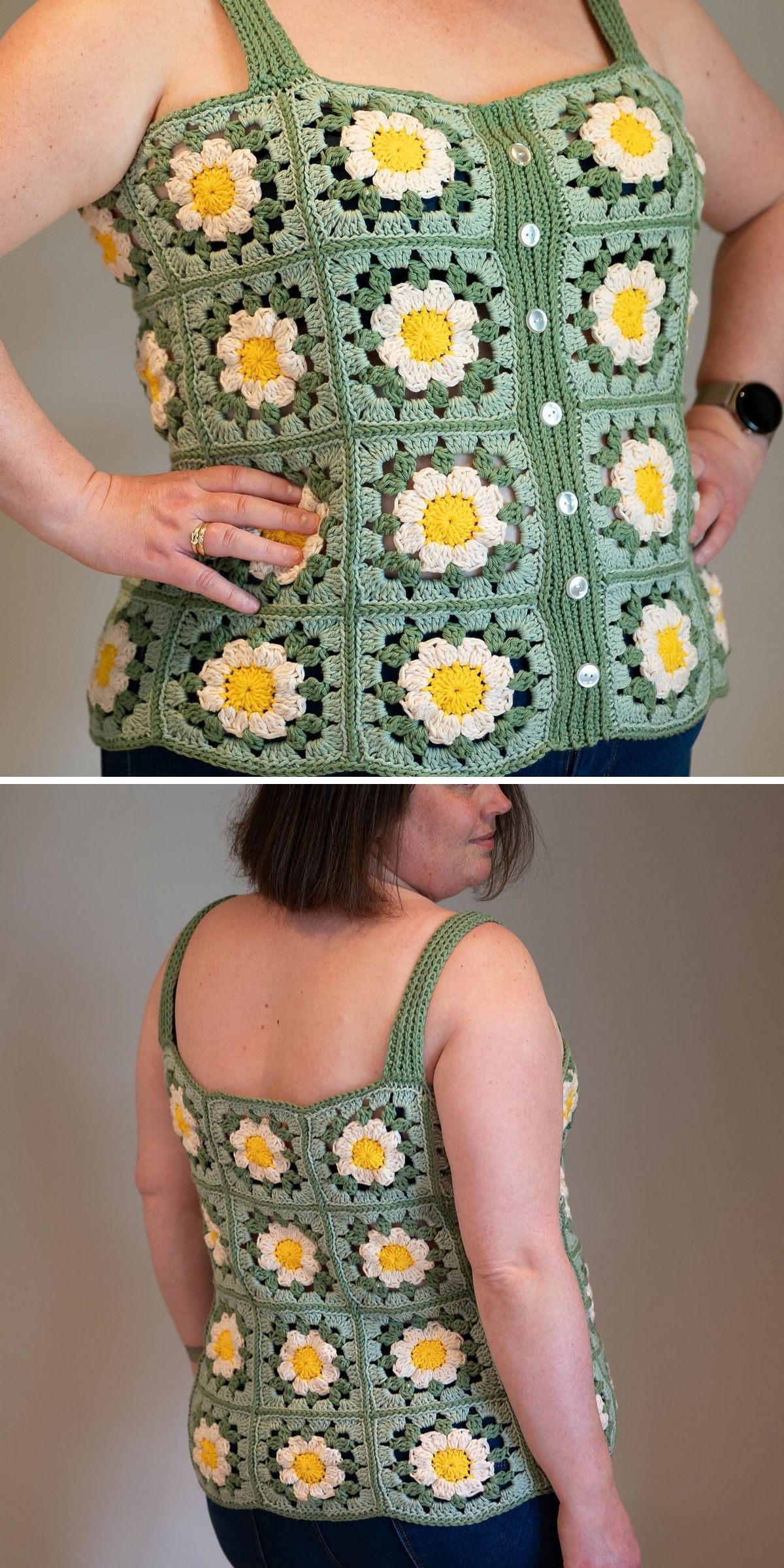 A person wears a green crochet tank top with white and yellow flower motifs, shown from the front and back.