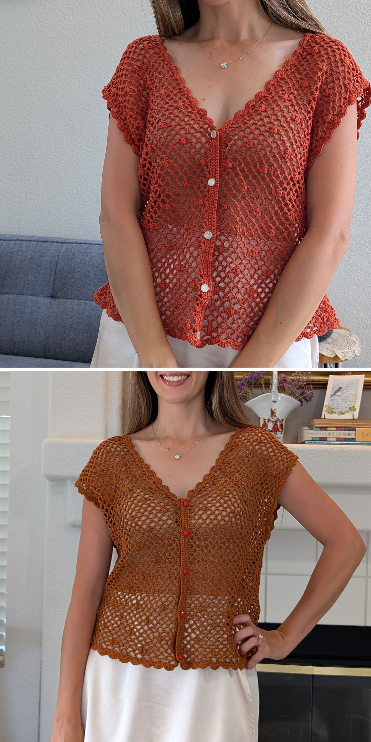 Two women wear similar hand-crocheted, button-up crochet tees in different shades of orange, styled over white skirts, standing indoors in front of home interiors.