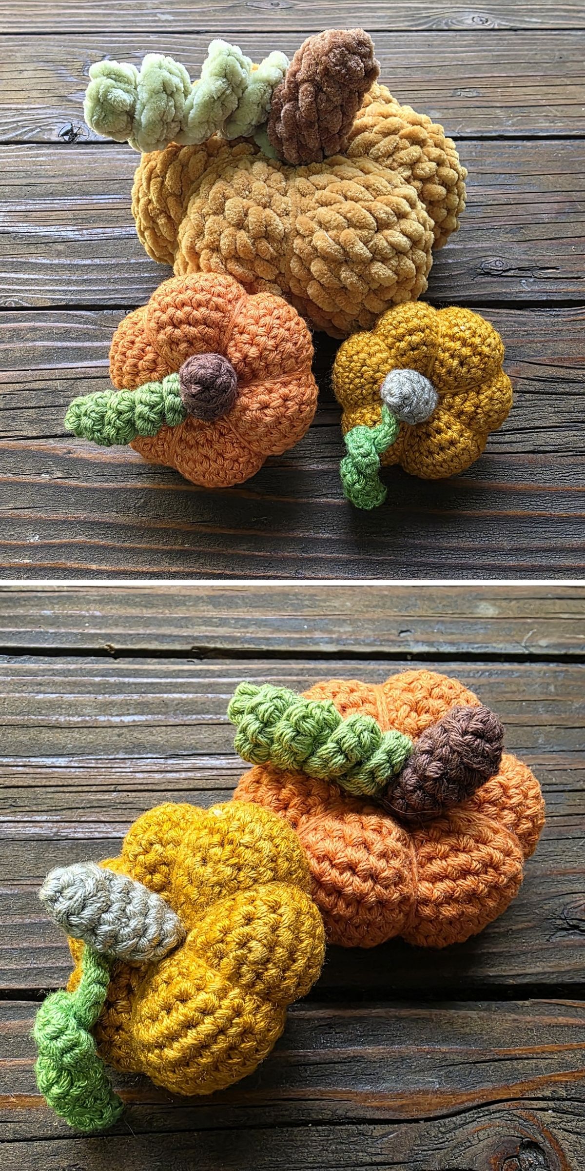 Three crocheted pumpkins in yellow, orange, and gold with textured stems are arranged on a wooden surface in natural light, beautifully showcasing textured crochet techniques perfect for anyone looking for inspiring crochet pumpkin patterns.