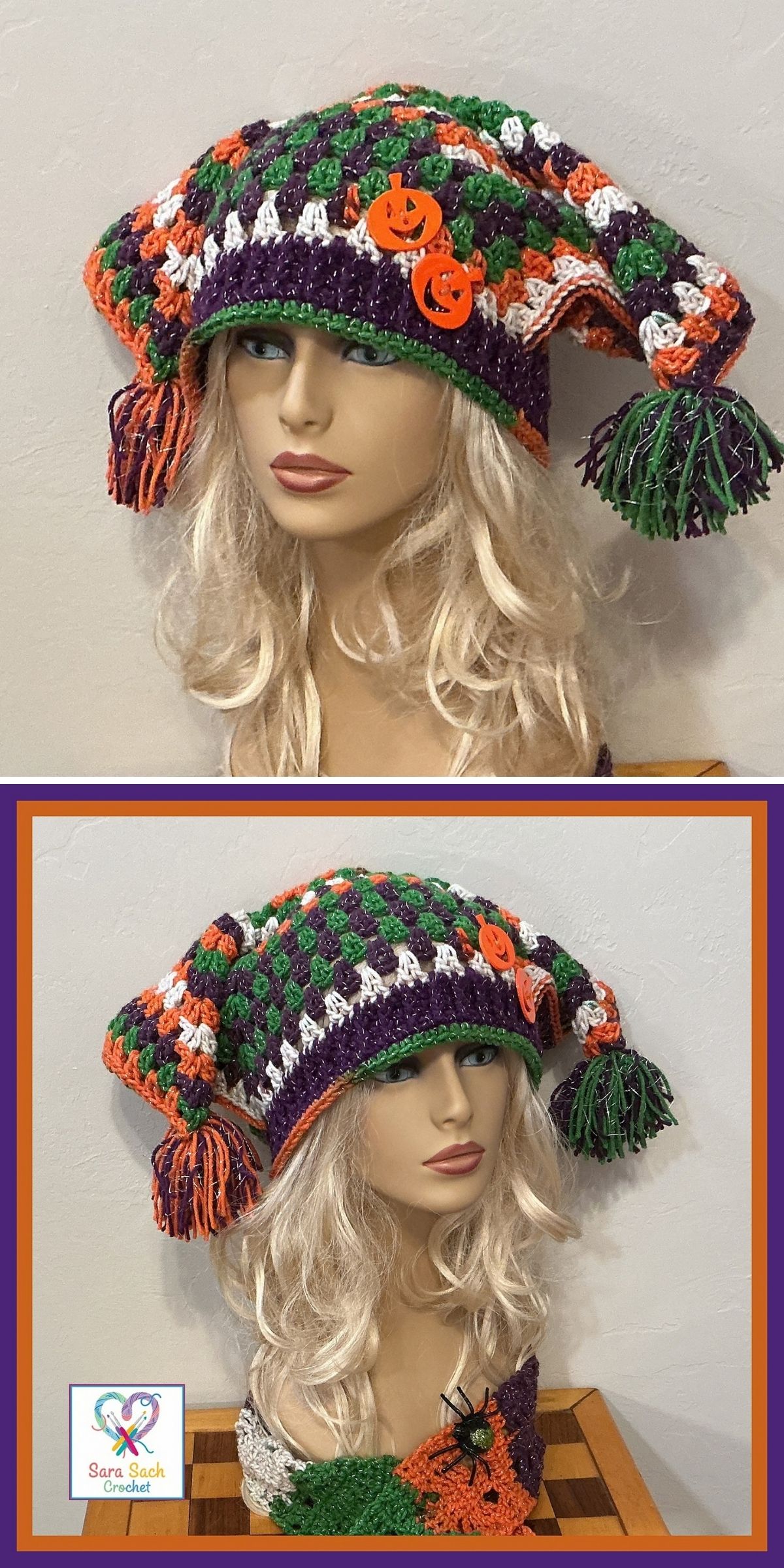 A crochet Halloween hat in a jester style featuring orange, purple, green, and white squares, decorated with pumpkin buttons and dangling yarn tassels on a mannequin head.