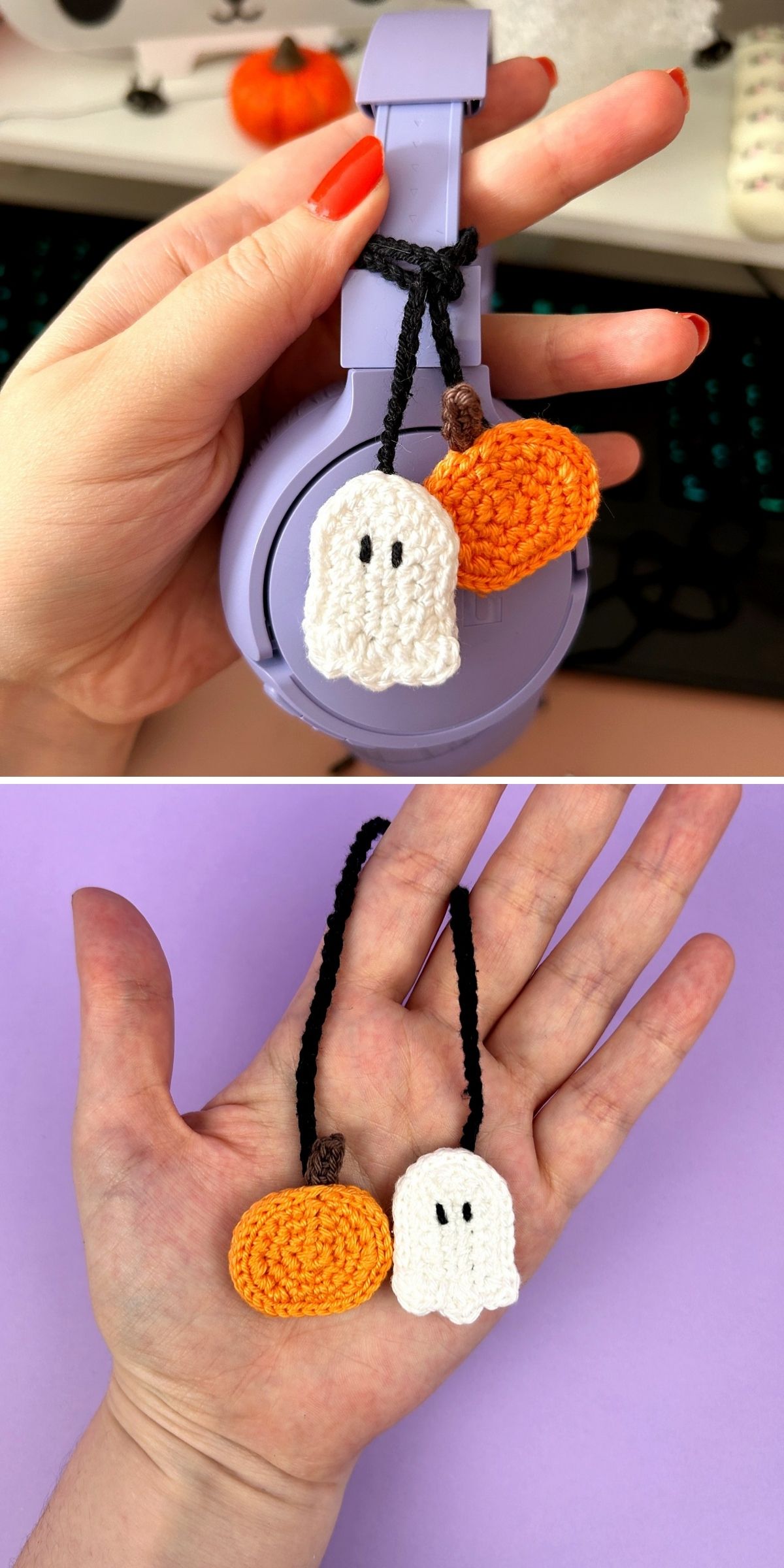 A hand holding a purple pair of headphones decorated with two crochet Halloween applique charms: a ghost and a pumpkin.