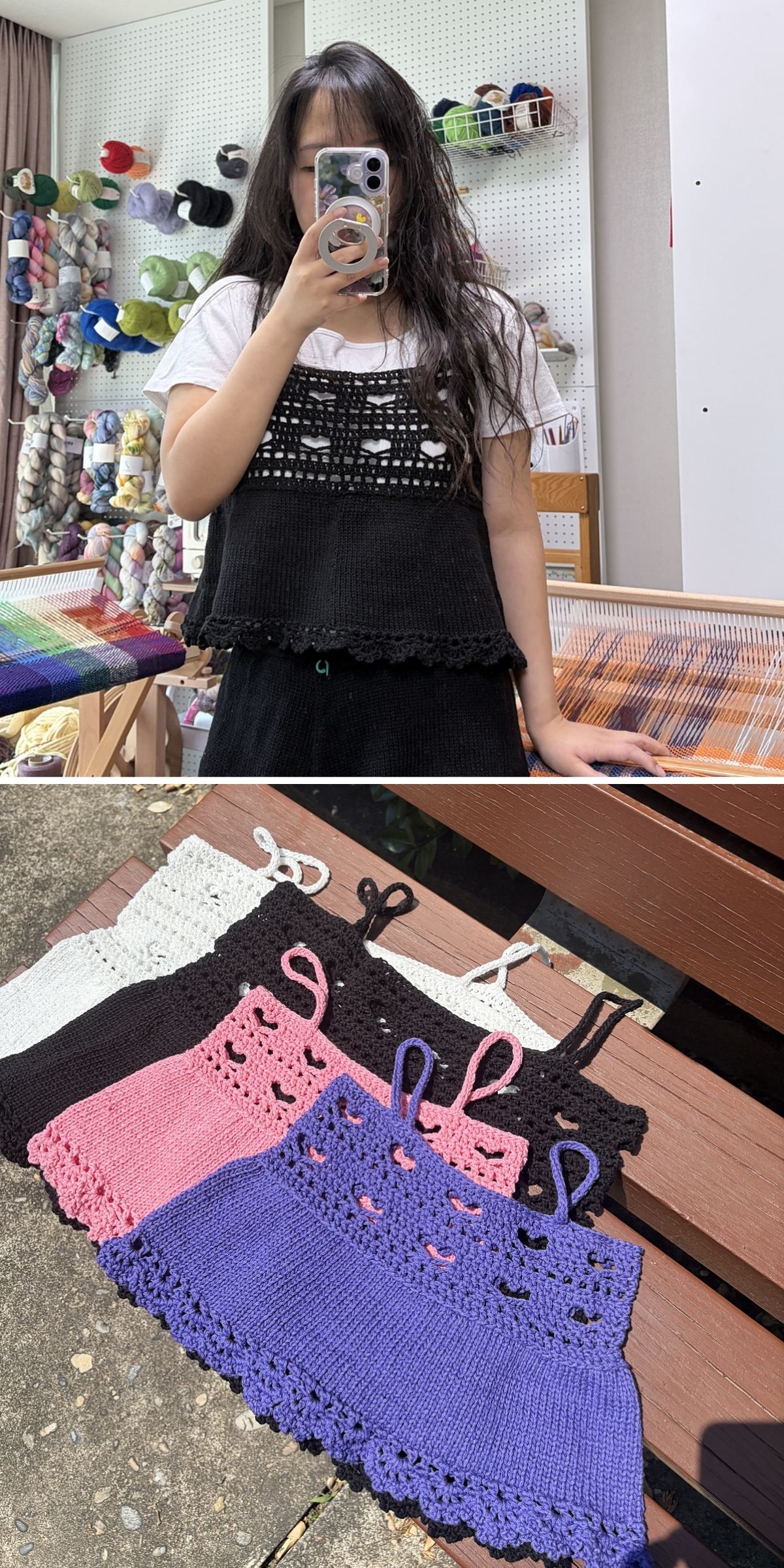 Person wearing a black crochet tank top over a white shirt in a yarn shop; below, four crochet tops in black, white, pink, and purple are laid out on a wooden bench.
