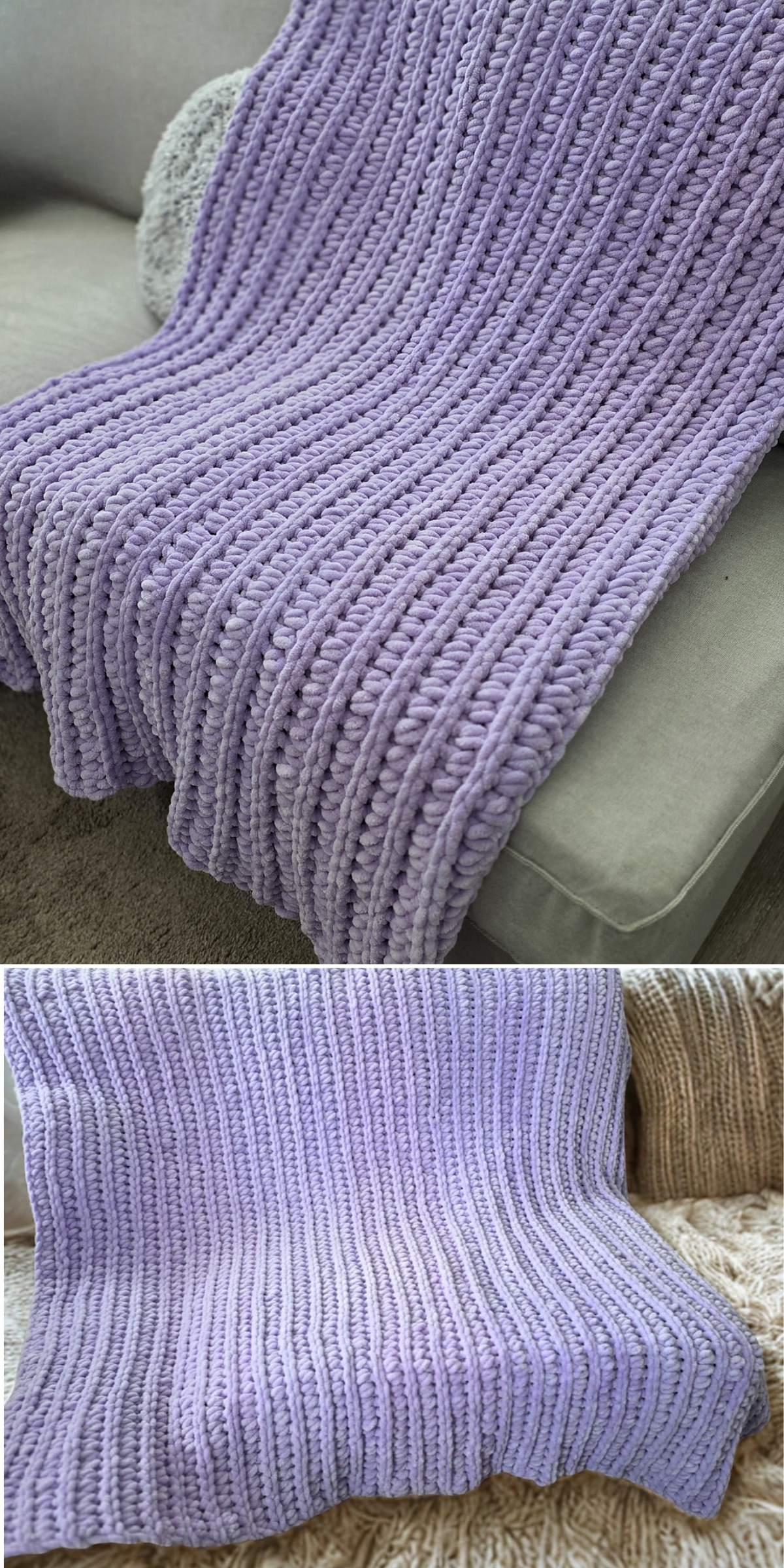 A chunky, ribbed, light purple crochet blanket is draped over the arm of a sofa in two different settings, showcasing the cozy texture and inviting look of this crochet chunky blanket.