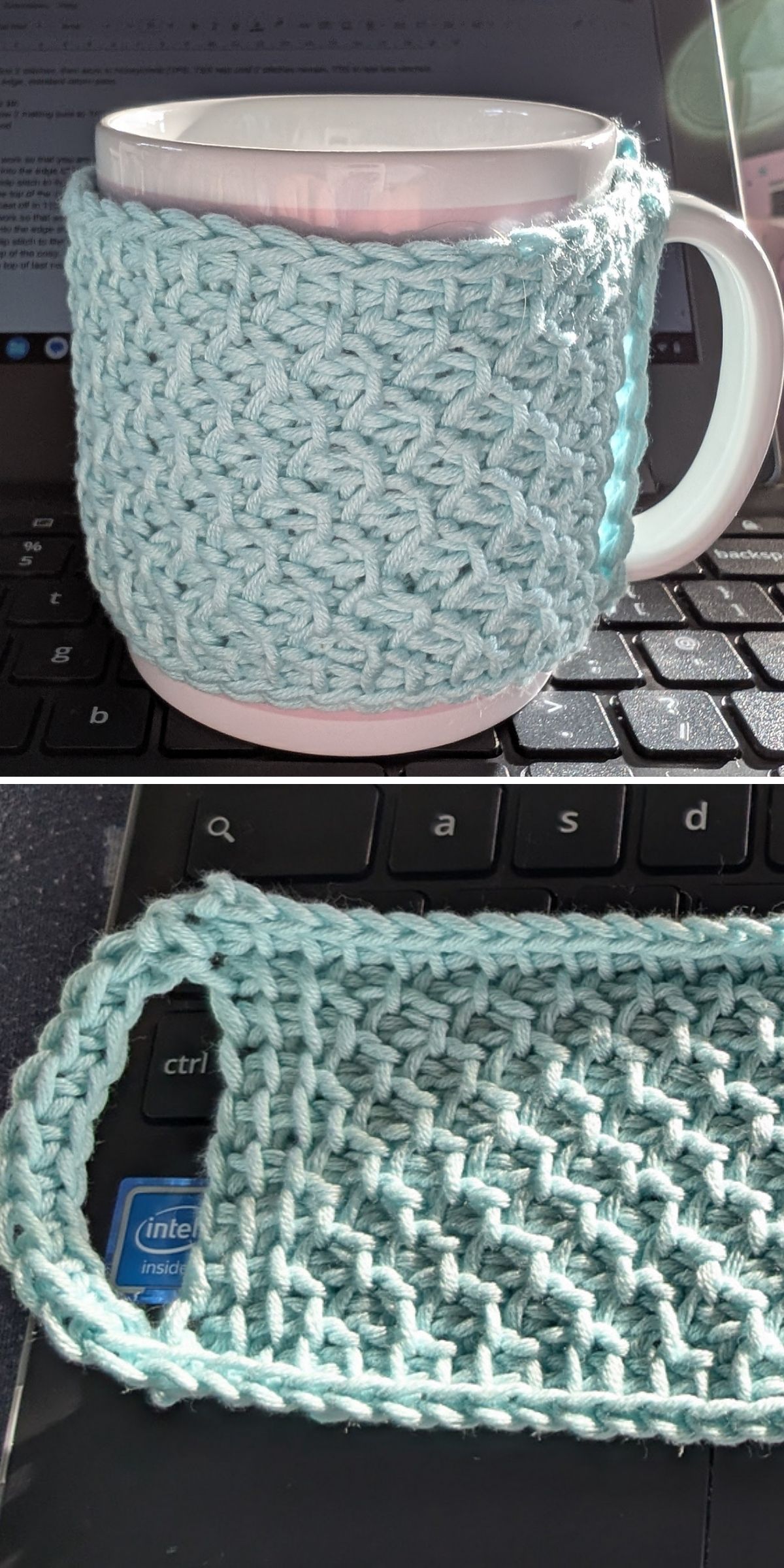 A white mug with a light blue crochet mug cozy sits on a laptop keyboard; below, the cozy is shown flat, highlighting its woven texture and attached handle loop.