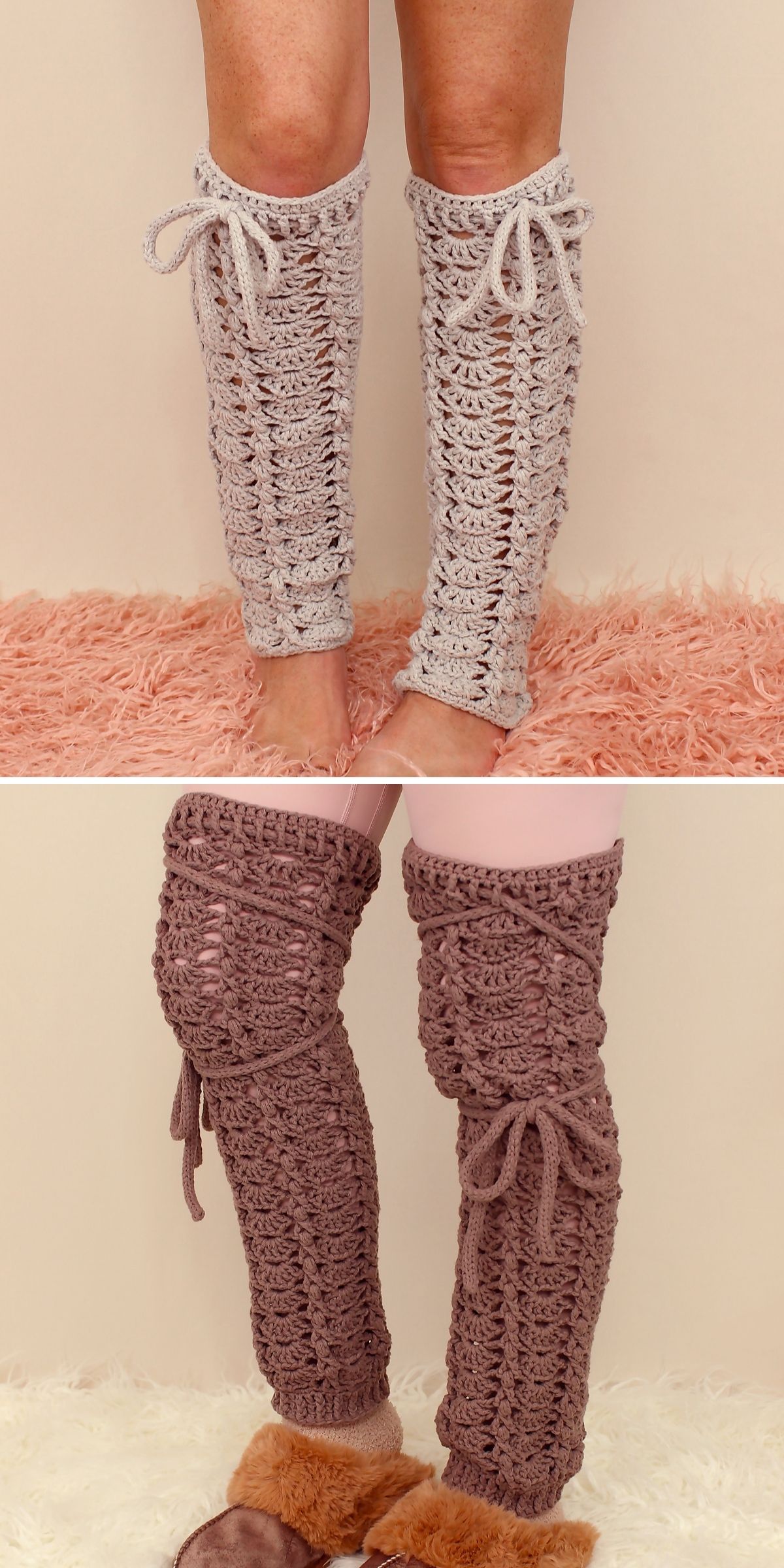 Two pairs of crocheted leg warmers, one in light gray and one in mauve, are shown worn on legs, each featuring a lace-up design with ties. Perfect for those seeking inspiration from free crochet patterns, these stylish crochet leg warmer patterns add a cozy and fashionable touch to any outfit.