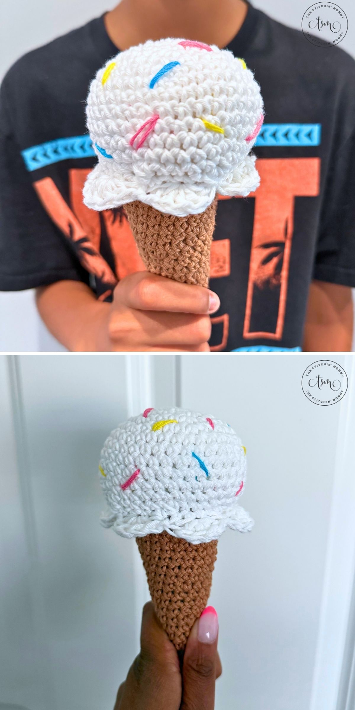 Two hands holding a crochet ice cream cone with white ice cream and colorful sprinkles — against different backgrounds.