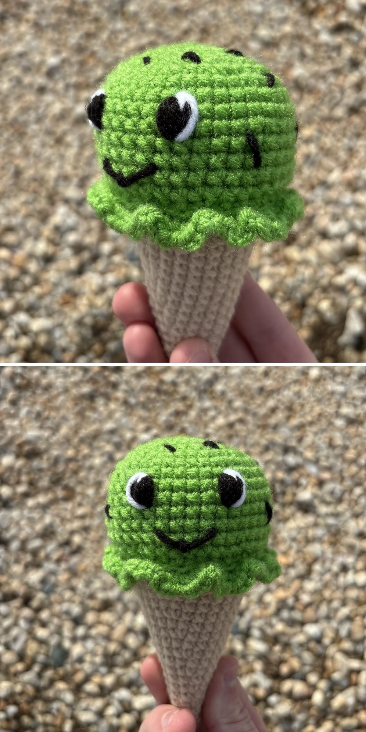 A hand holds a delightful crochet dessert—a crocheted ice cream cone with a green, smiling scoop and black spots—against a background of small pebbles.