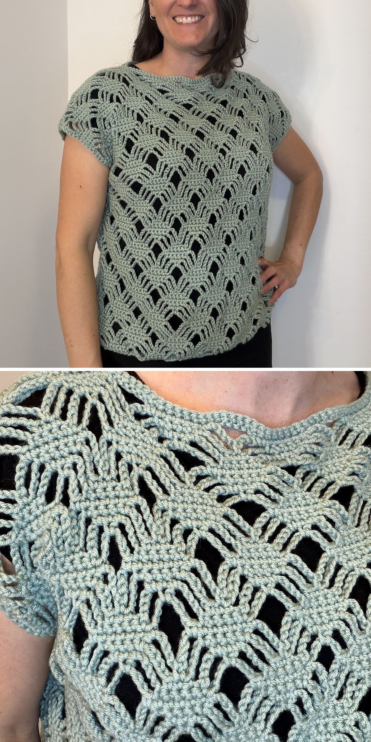 A woman wears a short-sleeve, light green crochet tee with an open, lacy pattern. The second image shows a close-up of the crochet stitch details.