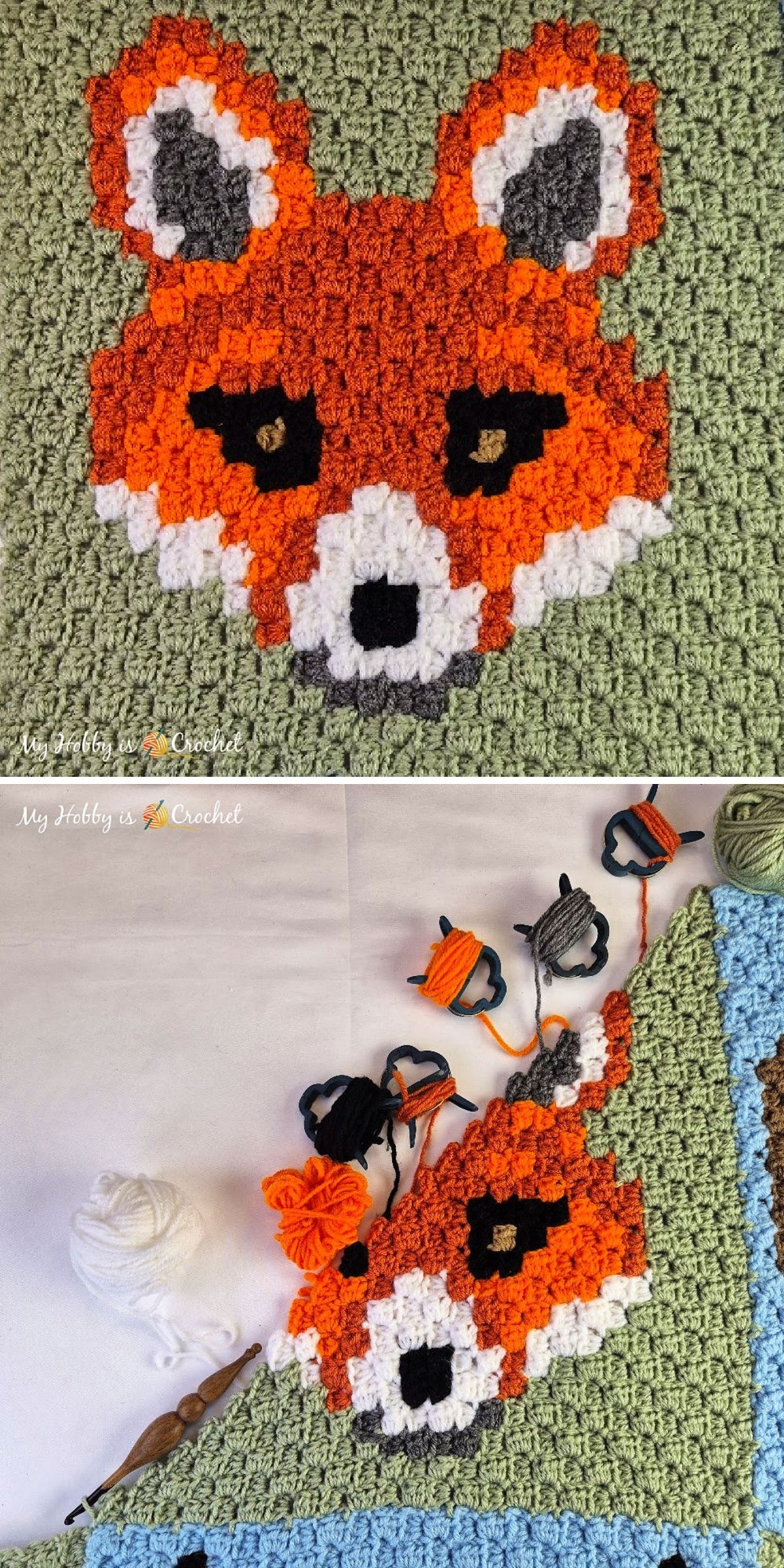 A crochet animal square featuring a fox face pattern on a green background, shown completed and partially completed with yarn and hooks nearby.