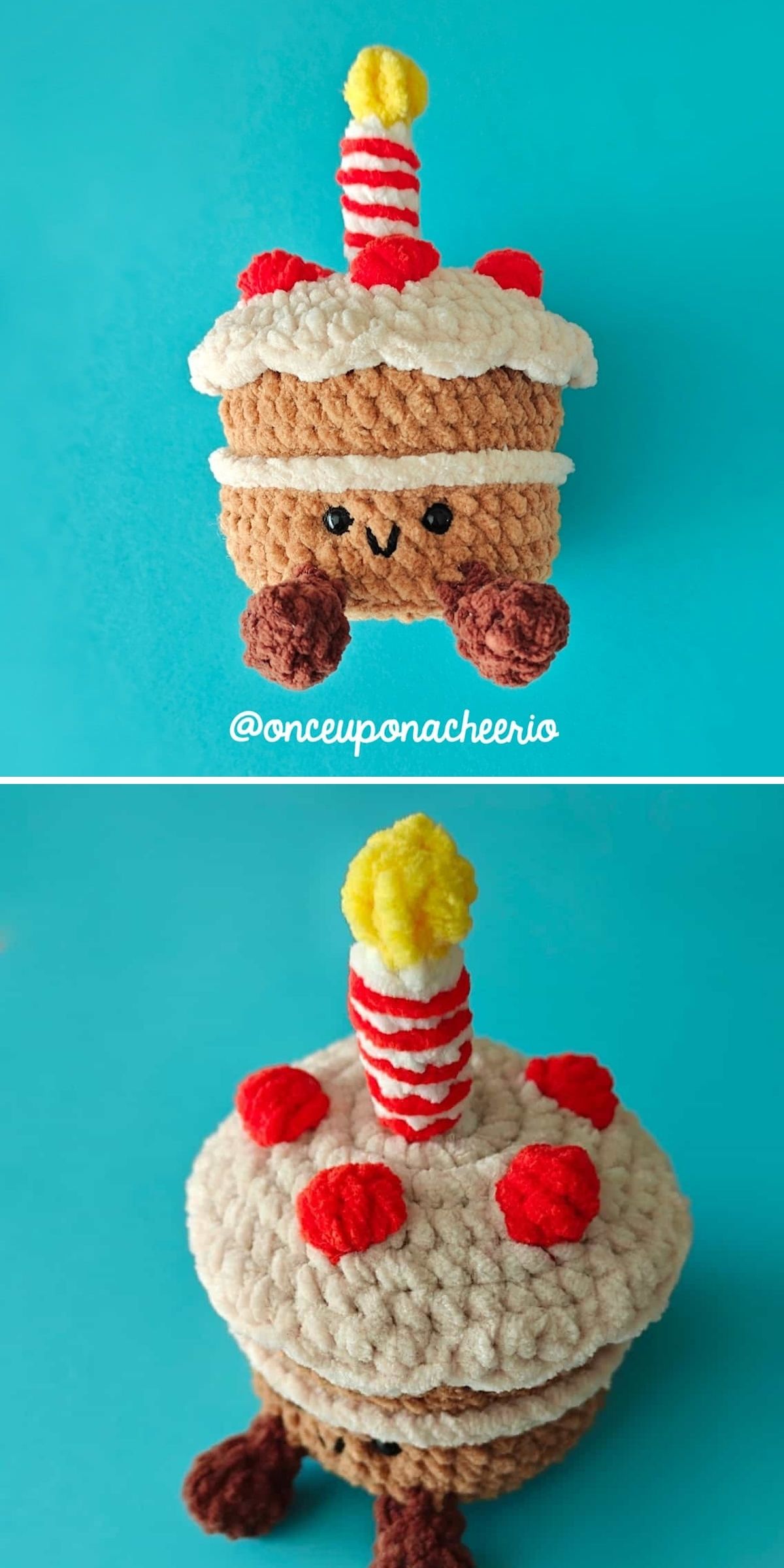 Crocheted plush birthday cake with a smiling face, red and white candle, yellow flame, and red decorations, displayed on a blue background—an adorable crochet dessert perfect for any celebration.