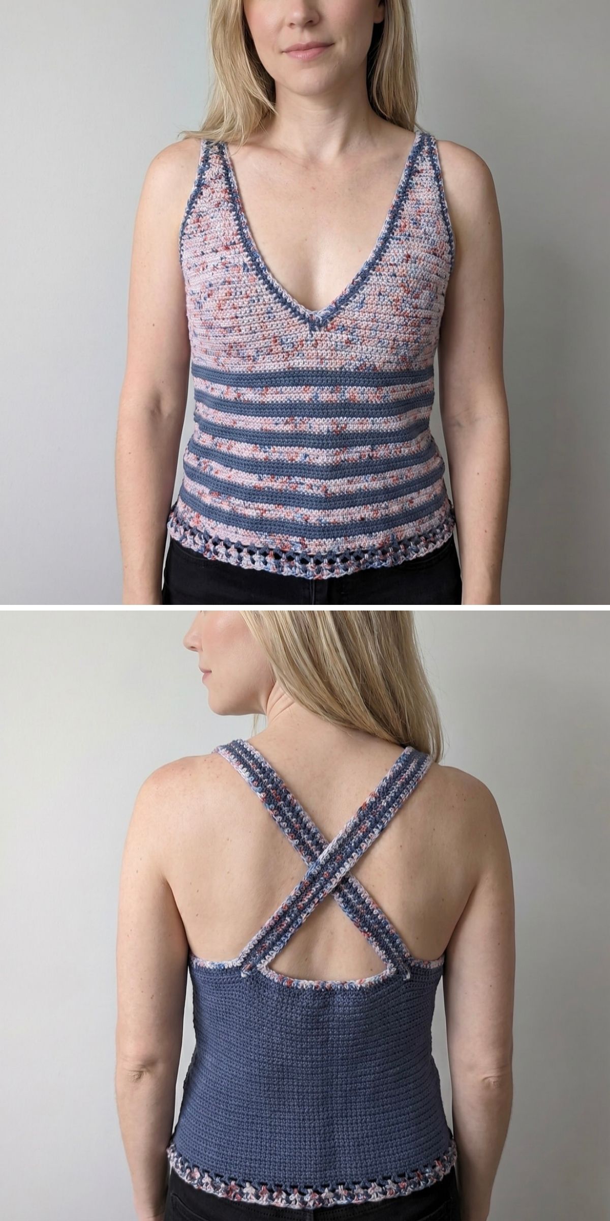 Woman wearing a crochet tank top with a striped front, solid back, and crisscross straps, shown from front and back.
