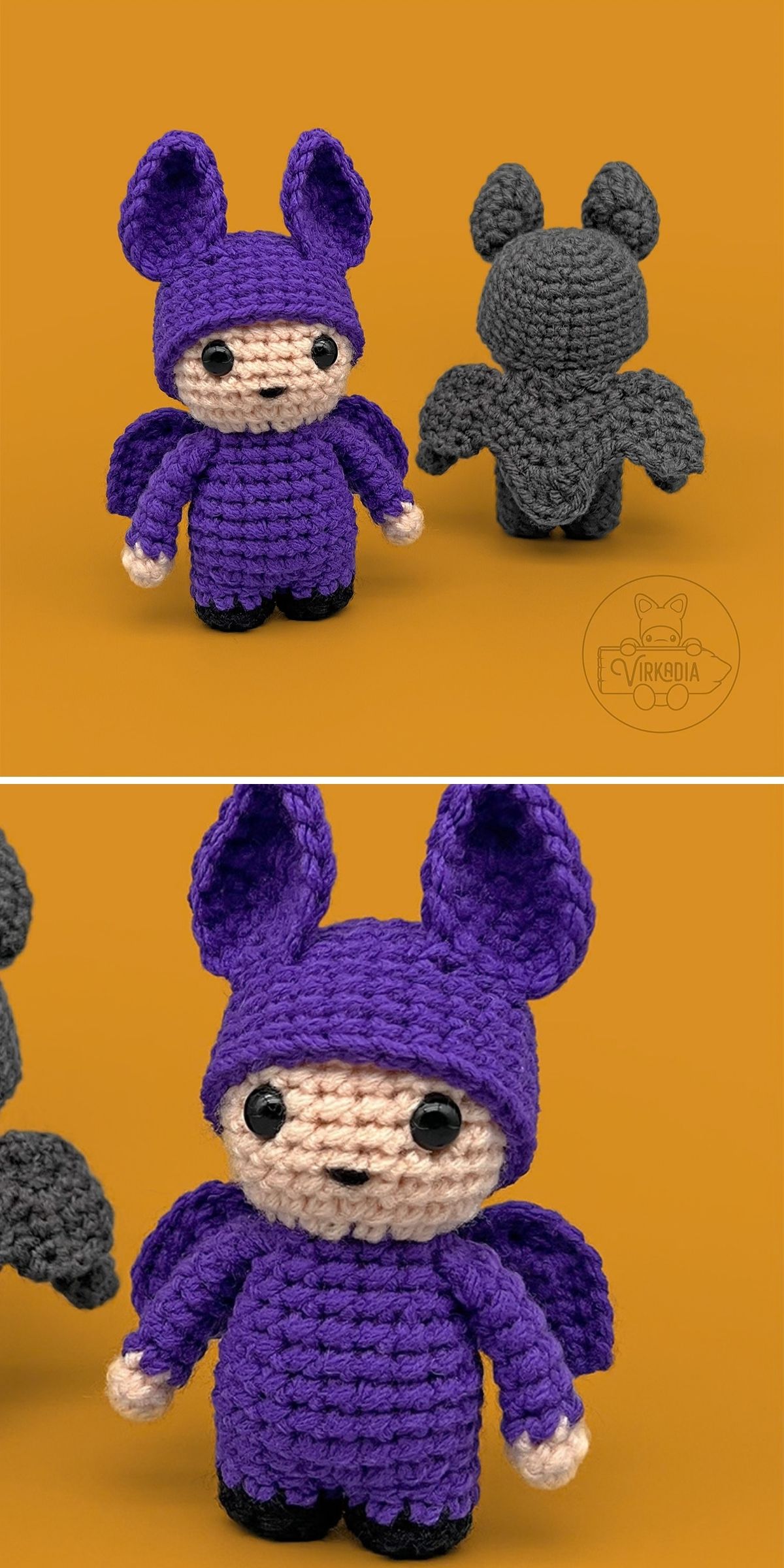 Two views of a small, crocheted bat amigurumi doll wearing a purple costume with ears and wings, with a grey bat doll visible in the background.
