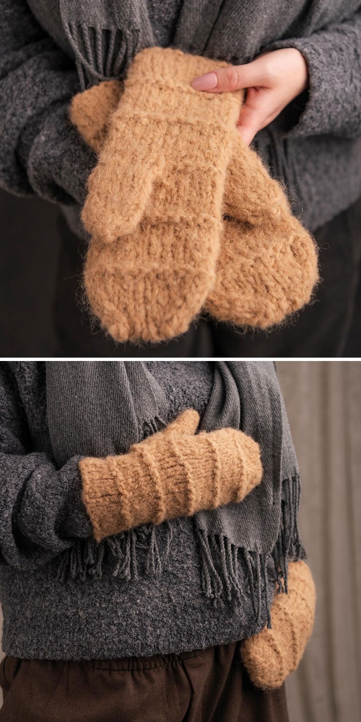 A person in a gray scarf and coat holds and wears a pair of thick, tan knitted mitten in two different poses.