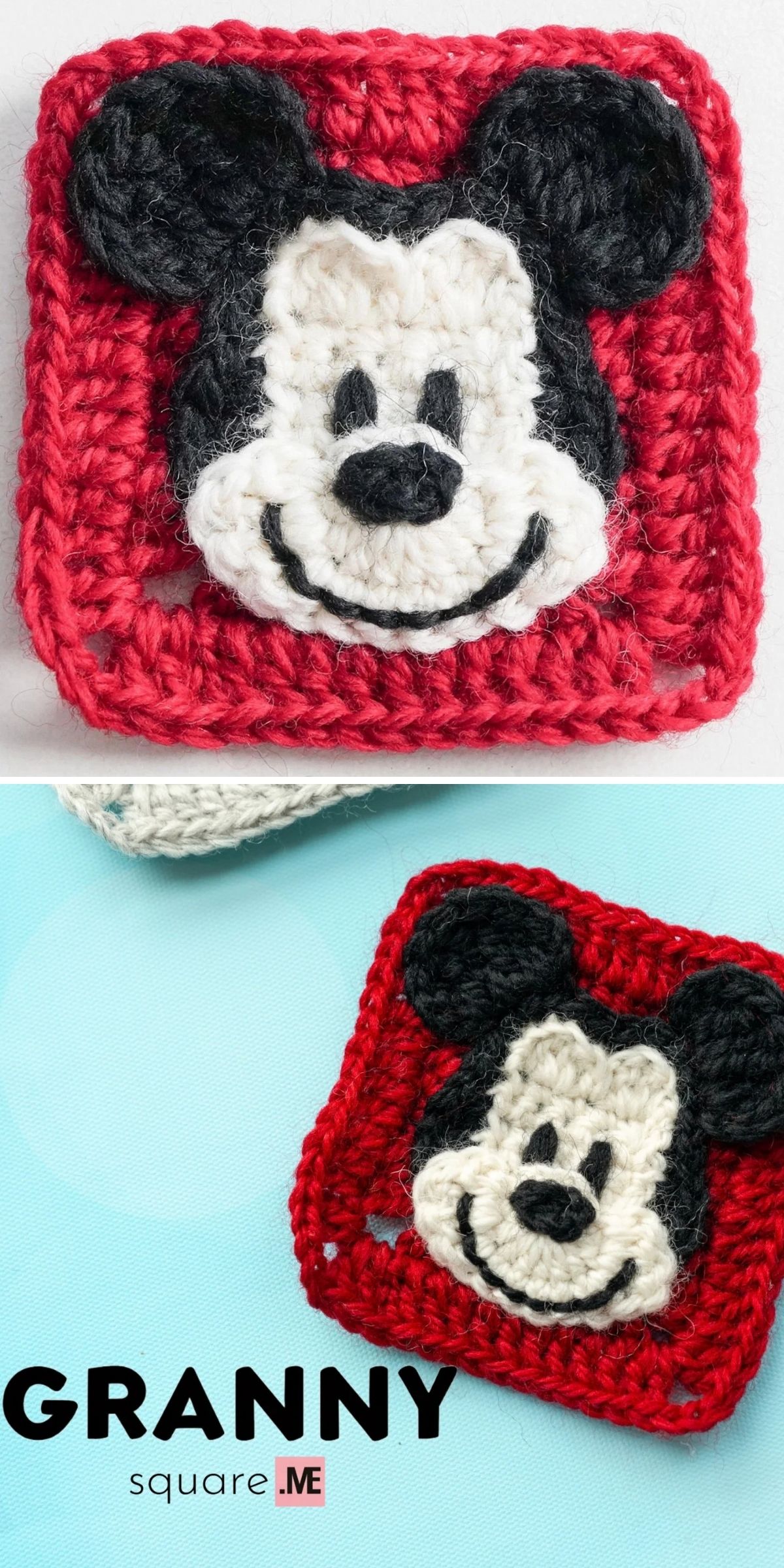 Two crochet animal squares feature a cartoon mouse face with black ears and a white face on a red background.