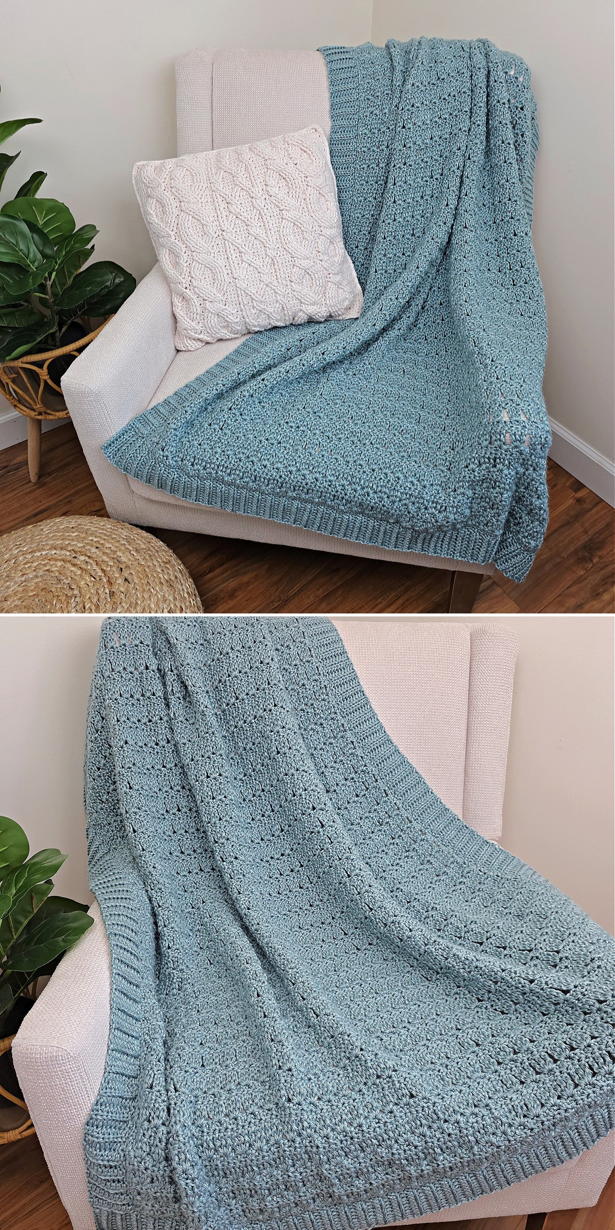 A light blue crochet blanket is draped over a beige chair with a white textured cushion. A green plant and a round woven ottoman are nearby on a wooden floor.