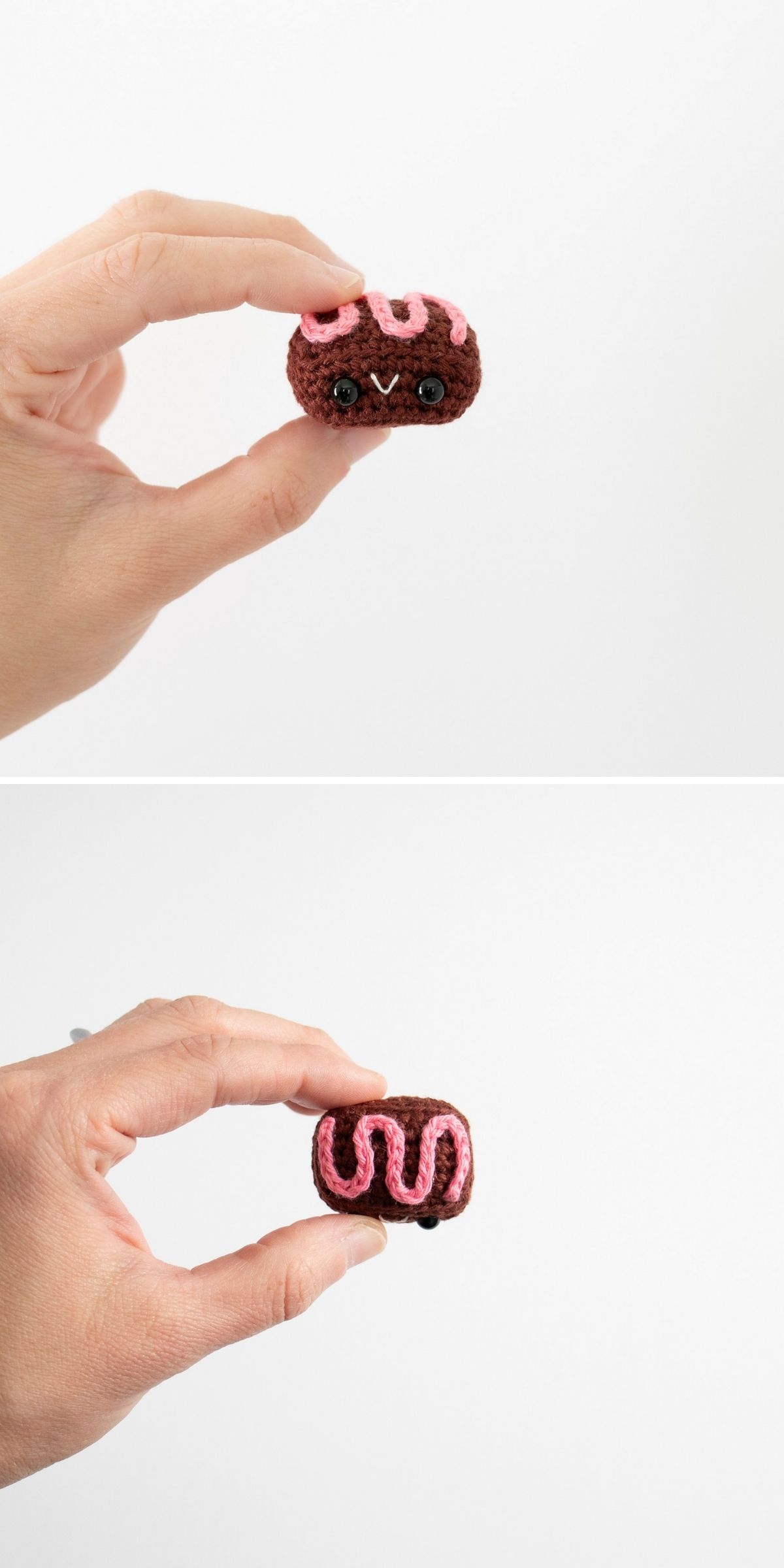 A hand holds a small crochet dessert — a crocheted truffle with pink icing and a face — shown from the front in the top image and from the back in the bottom image.