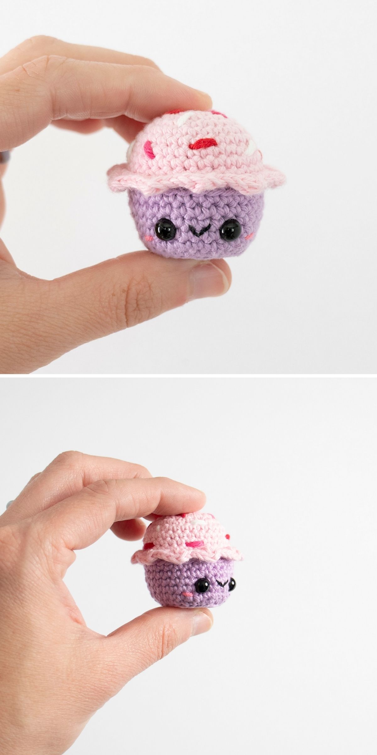 A hand holds a charming crochet dessert—a small crocheted toy resembling a purple ice cream scoop with a pink scoop on top and black button eyes—shown from two angles.