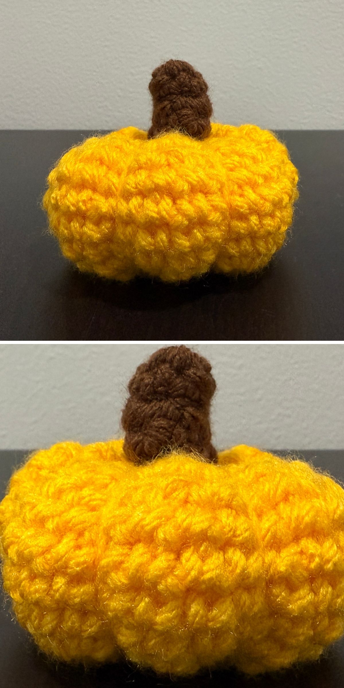 A small, handmade yellow crochet pumpkin with a brown stem, shown from two angles against a plain background.
