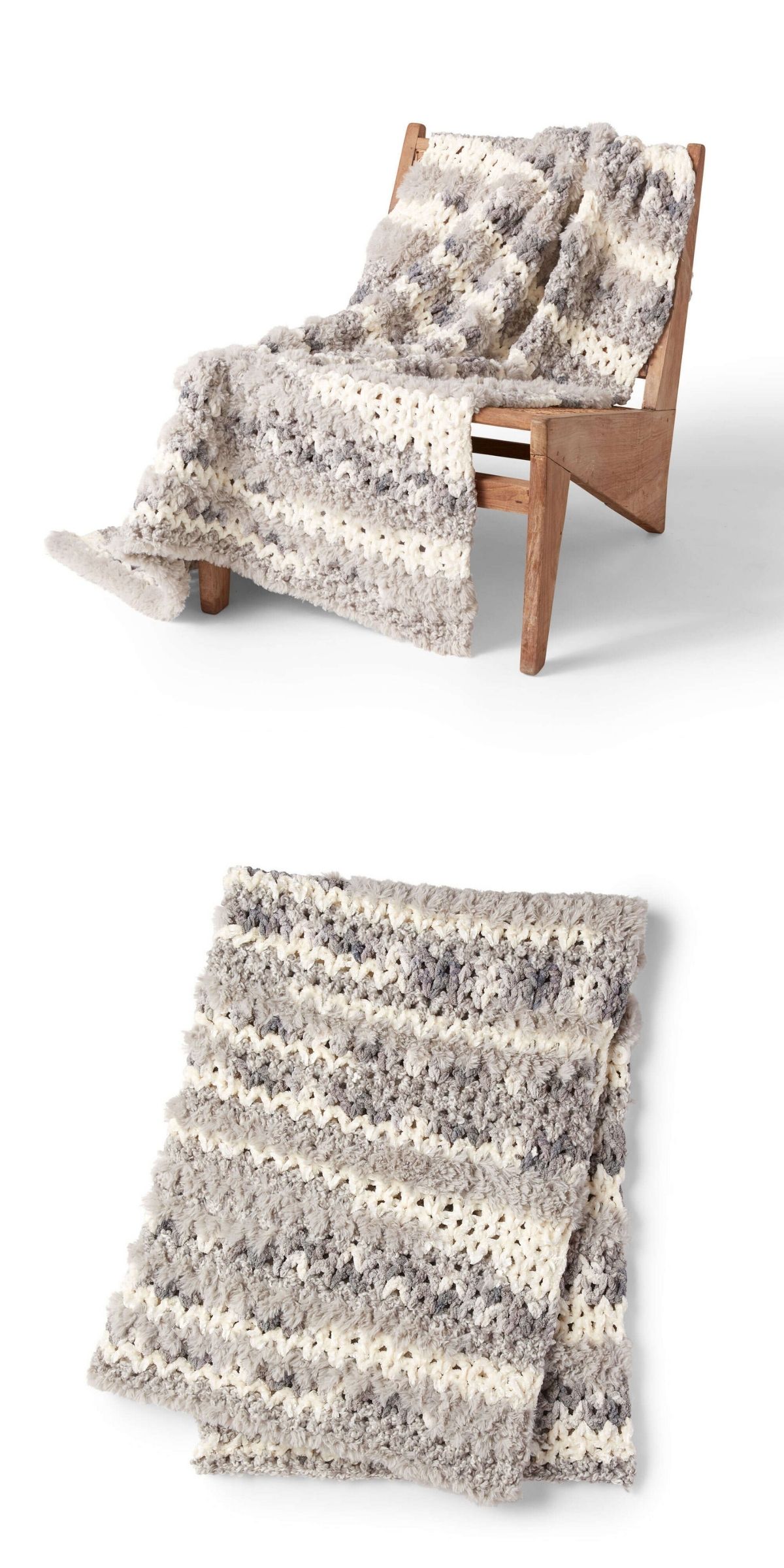 A textured, striped chunky crochet blanket in shades of grey and cream, draped over a wooden chair and shown folded separately.