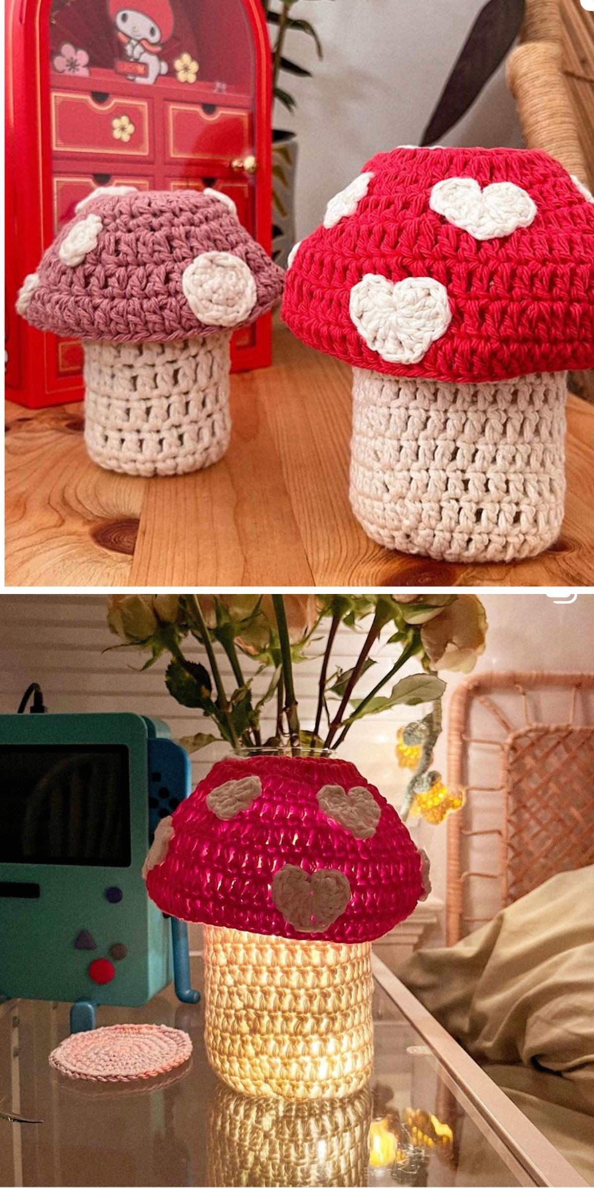 Two handmade crochet mushroom lamps, one with a dusty rose cap and one with a red cap, both featuring white heart-shaped spots.