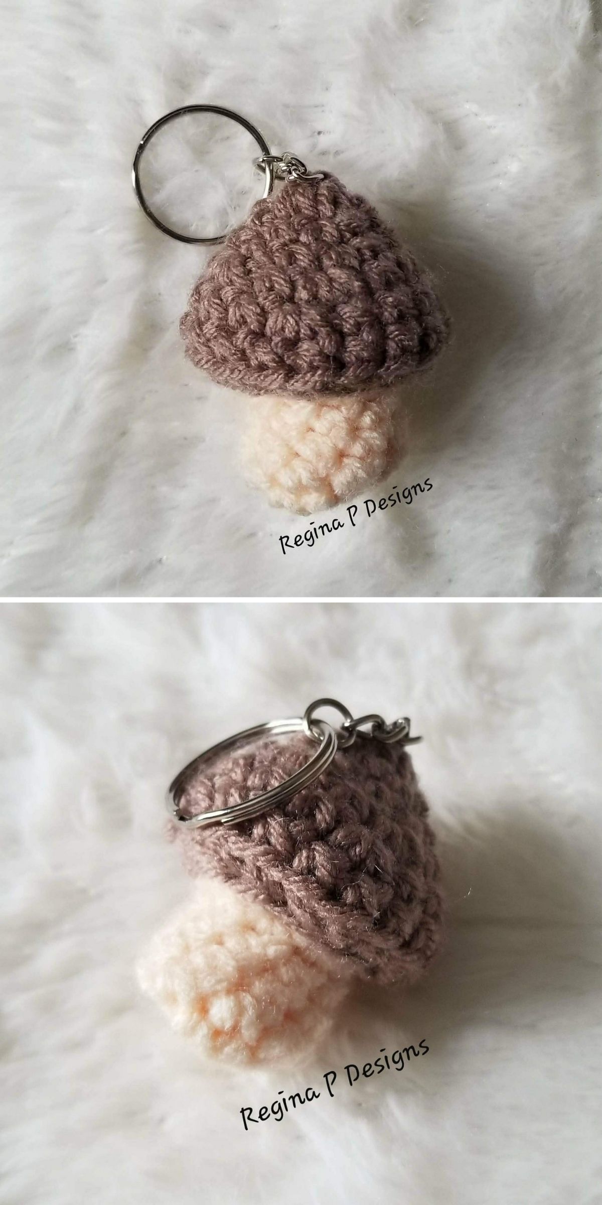 Two photos of a crochet mushroom amigurumi keychain with a brown cap and beige stem, displayed on a white surface. “Regina P Designs” text is visible on both images.