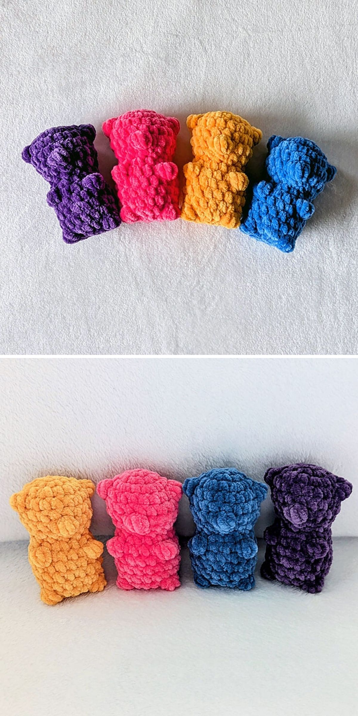 Four small, textured teddy bear plush toys in purple, pink, yellow, and blue are lined up on a light surface in two different arrangements, each evoking the playful charm of a crochet dessert display.