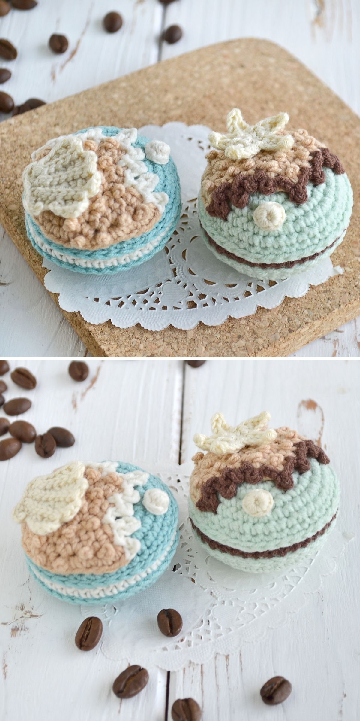 Two crocheted macaron-style objects in pastel colors, reminiscent of a charming crochet dessert, are adorned with decorative stitching and displayed on a cork board and lace doily, with scattered coffee beans nearby.
