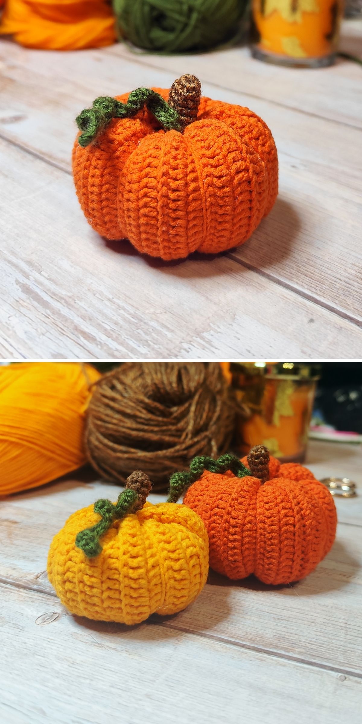 Two handmade crochet pumpkins with brown stems and green vines, one orange and one yellow.