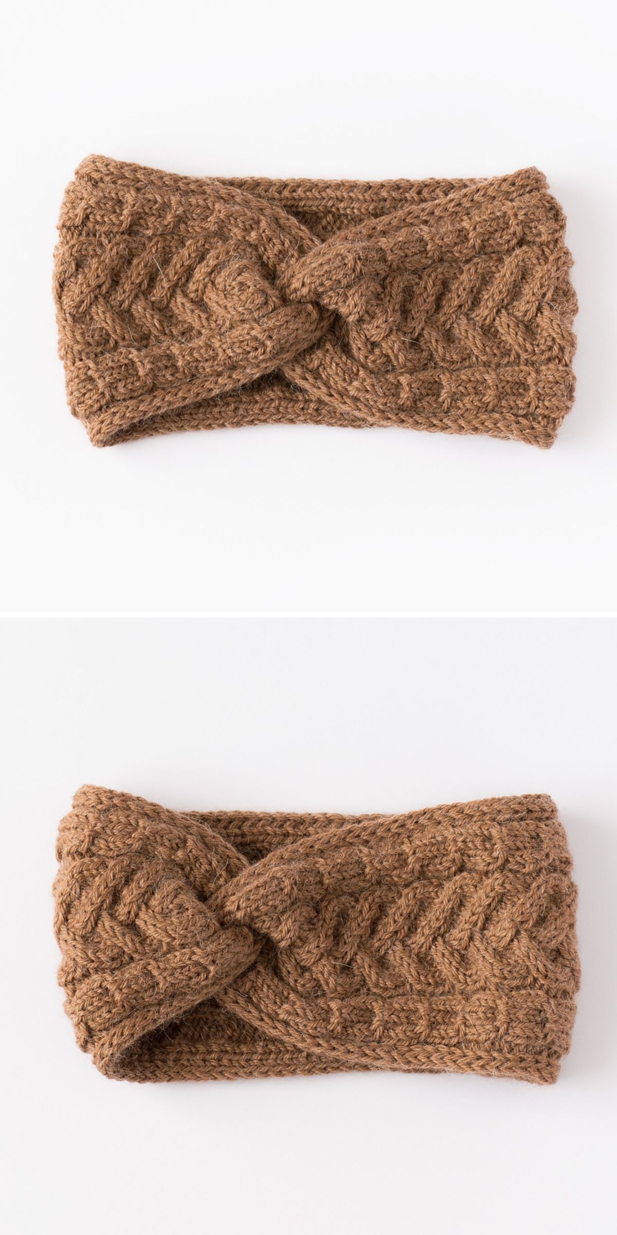 Two images of a knitted headband in brown, featuring a textured, twisted front design, displayed flat against a white background.