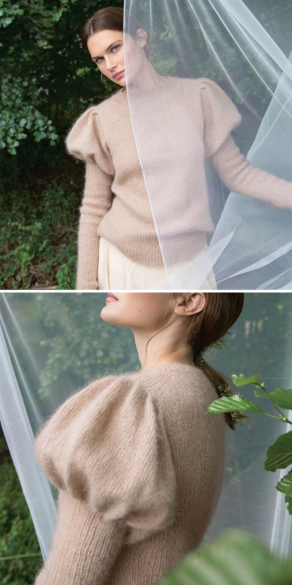 A woman stands outdoors near greenery in a knit sweater with puffed sleeves, partially concealed behind a sheer white fabric.