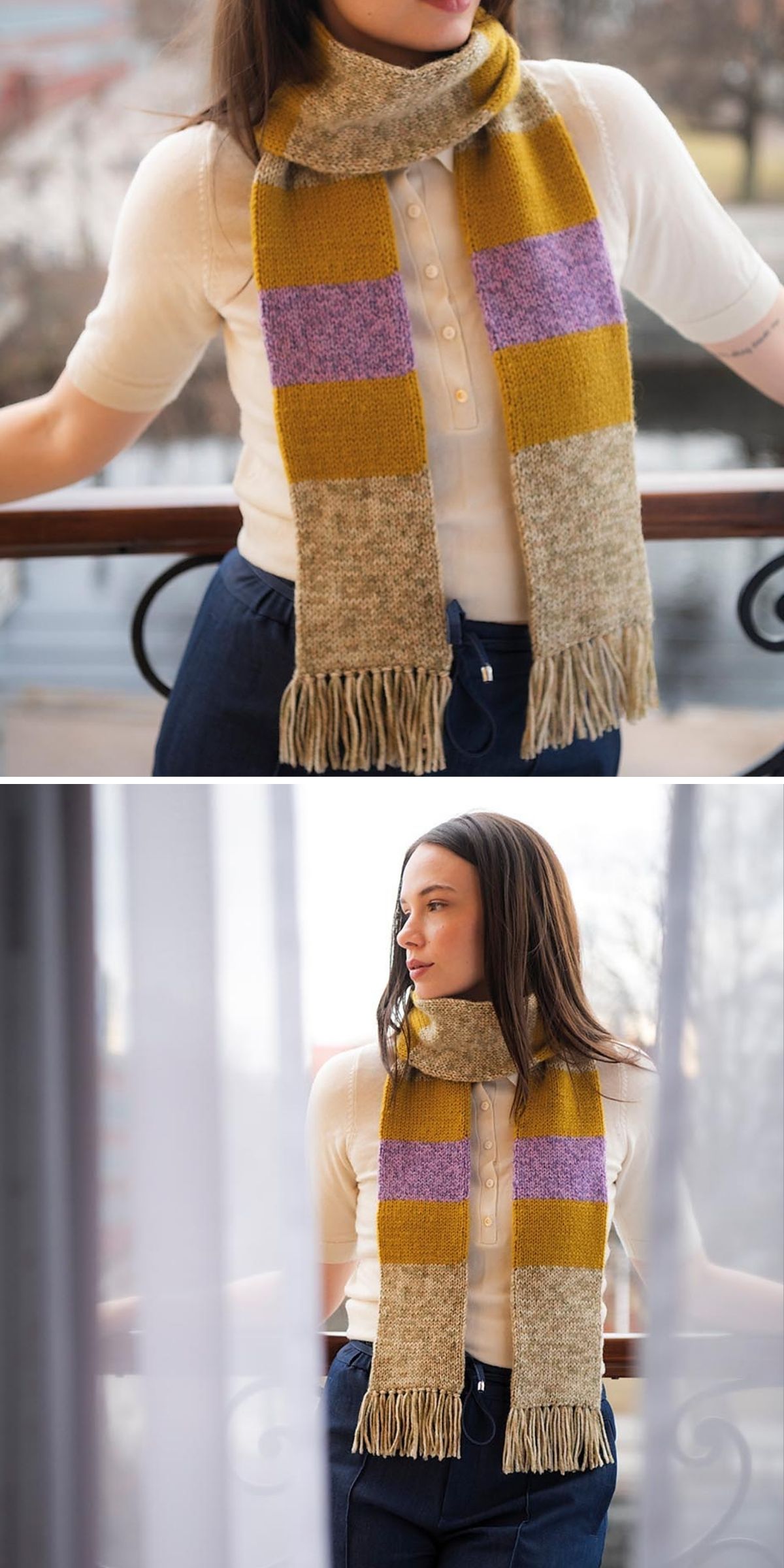 A woman wearing a cream-colored short-sleeved polo and a color-blocked knit scarf featuring mustard yellow, lavender, and speckled tan sections with fringed ends.