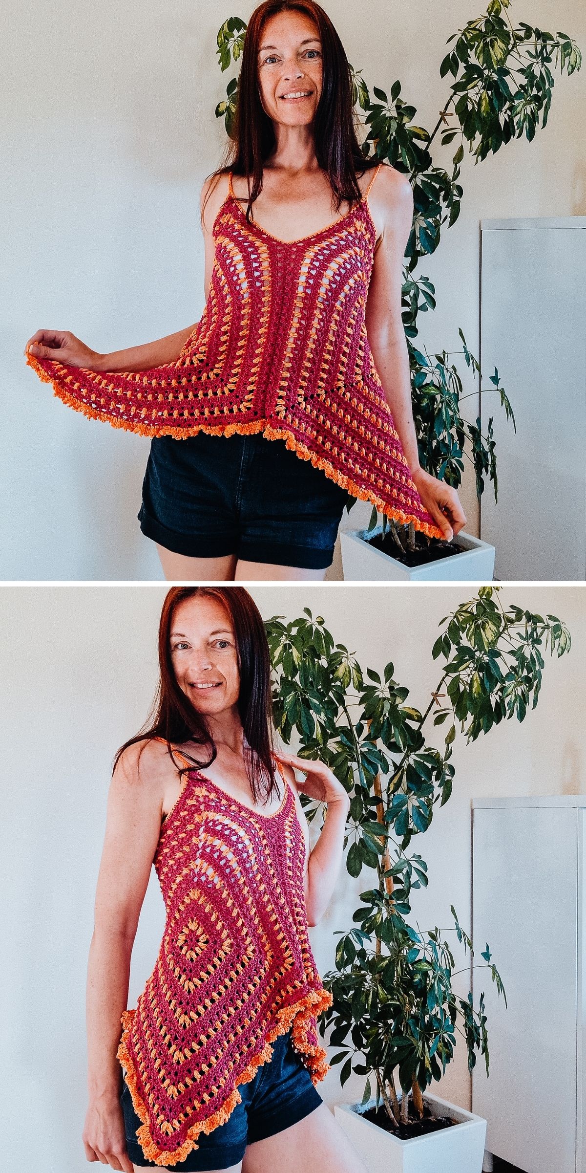A woman poses indoors wearing a vibrant red and yellow crochet tank top with a flared hem and black shorts, standing in front of a leafy green plant.