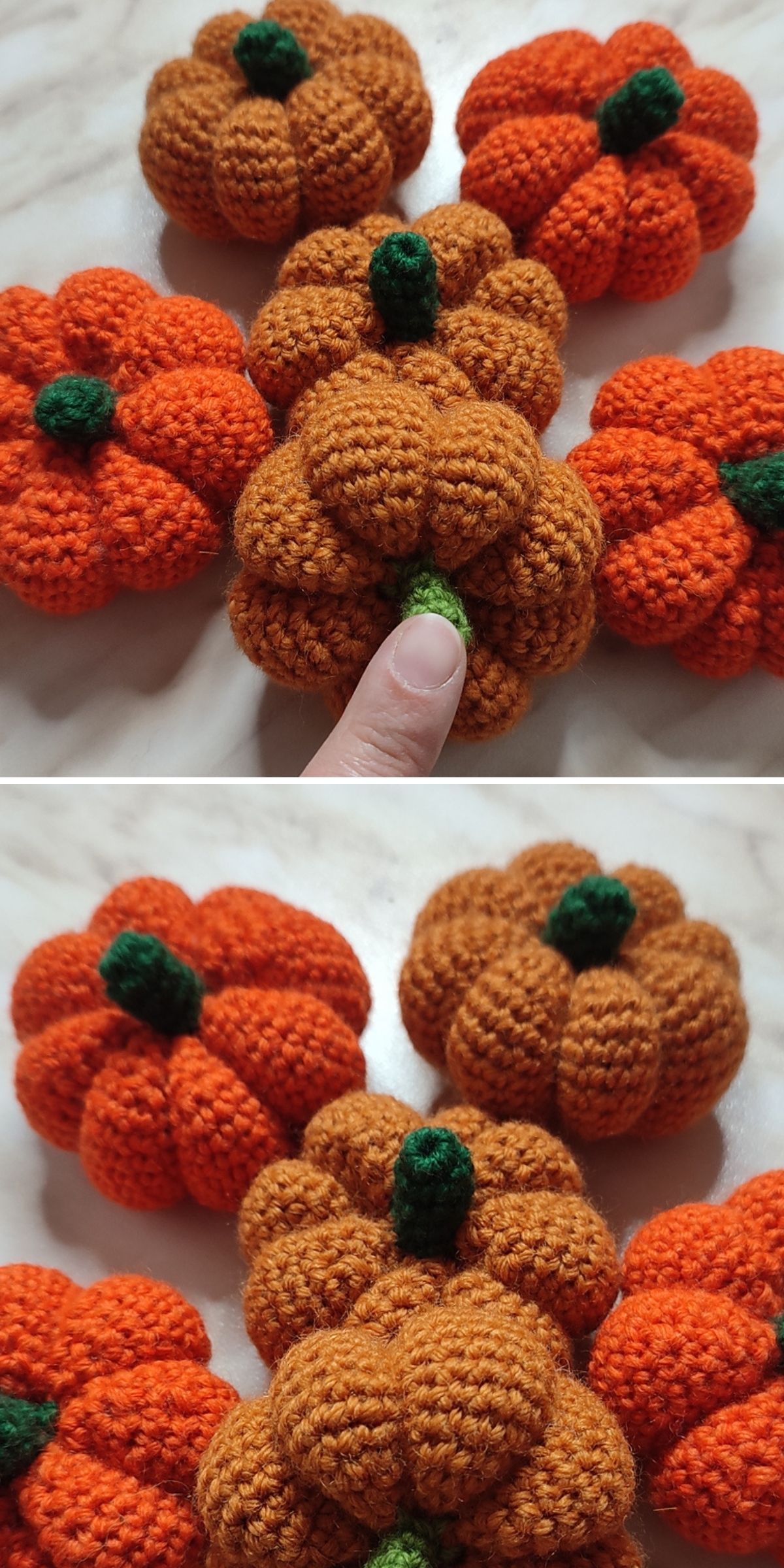 Six crocheted pumpkins in orange and brown tones, crafted with textured crochet, are arranged on a marble surface; a hand touches the center pumpkin in the top image. Perfect inspiration for those seeking free crochet patterns or unique crochet pumpkin patterns.