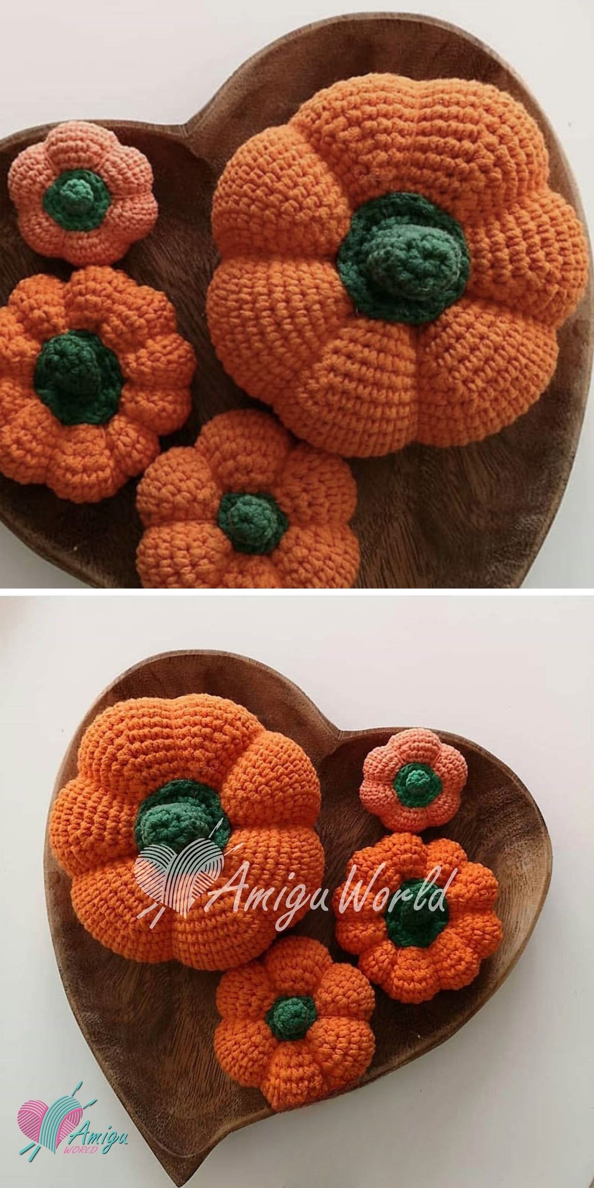 A wooden heart-shaped tray holds three textured crochet orange pumpkins, crafted with intricate crochet pumpkin patterns, and two crocheted orange flowers with green centers.