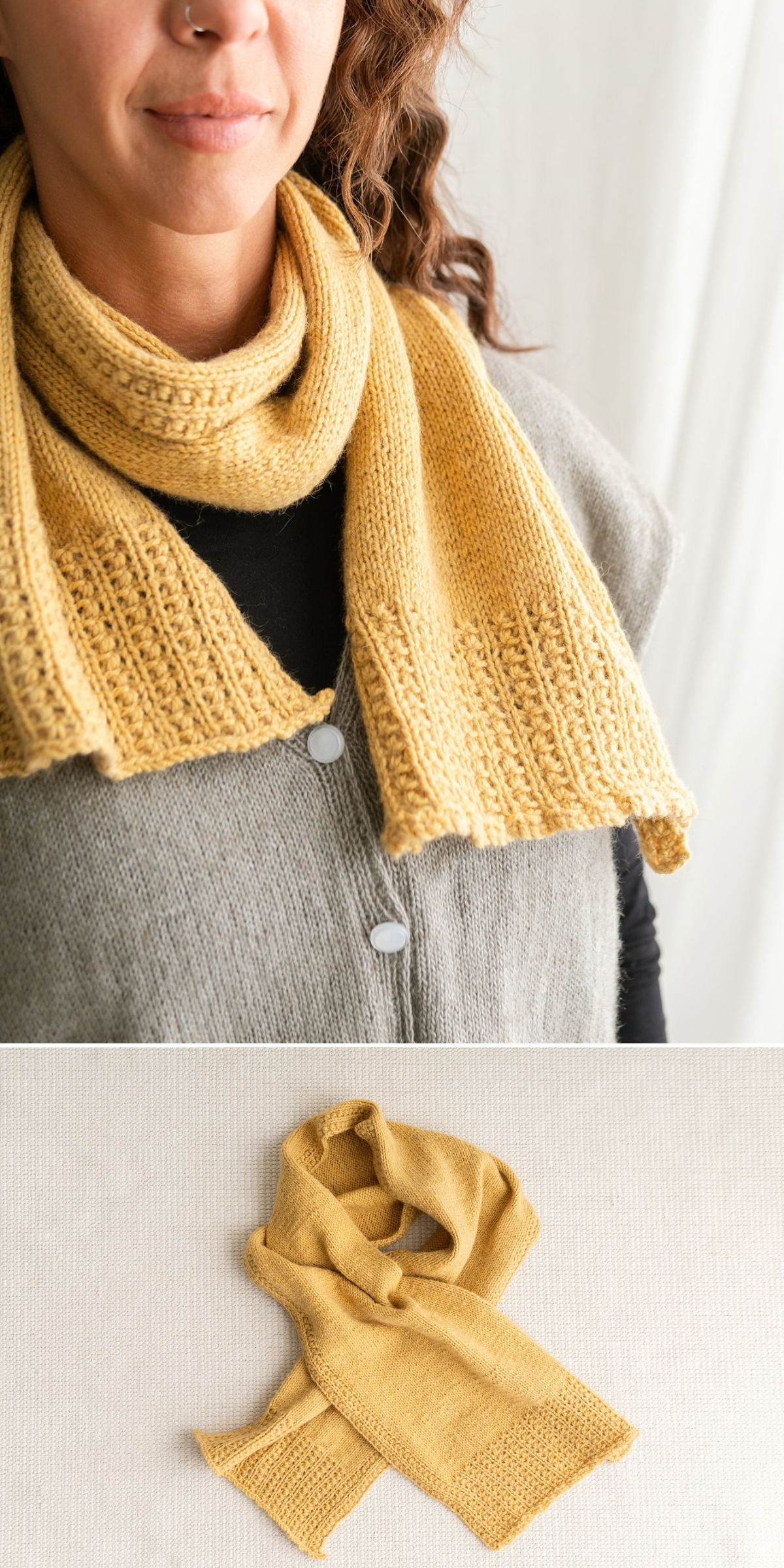 A person wearing a light gray buttoned vest and a yellow knit scarf; below, the knit scarf is displayed flat on a light surface.