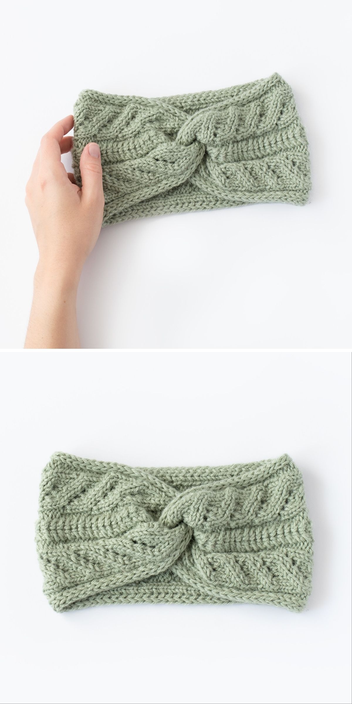 A hand holds a knitted sage green headband with a twisted front. The second image shows the knitted headband laid flat on a white surface.