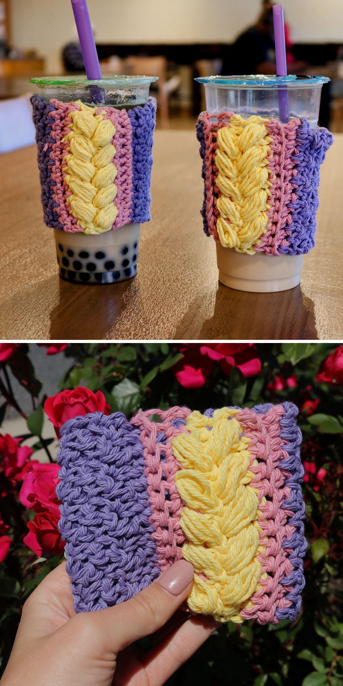 Two bubble tea cups with crocheted cozies in purple, pink, and yellow yarn add a playful touch to your drinks. One crochet mug cozy is shown close-up, held in hand with red flowers softly blurred in the background.
