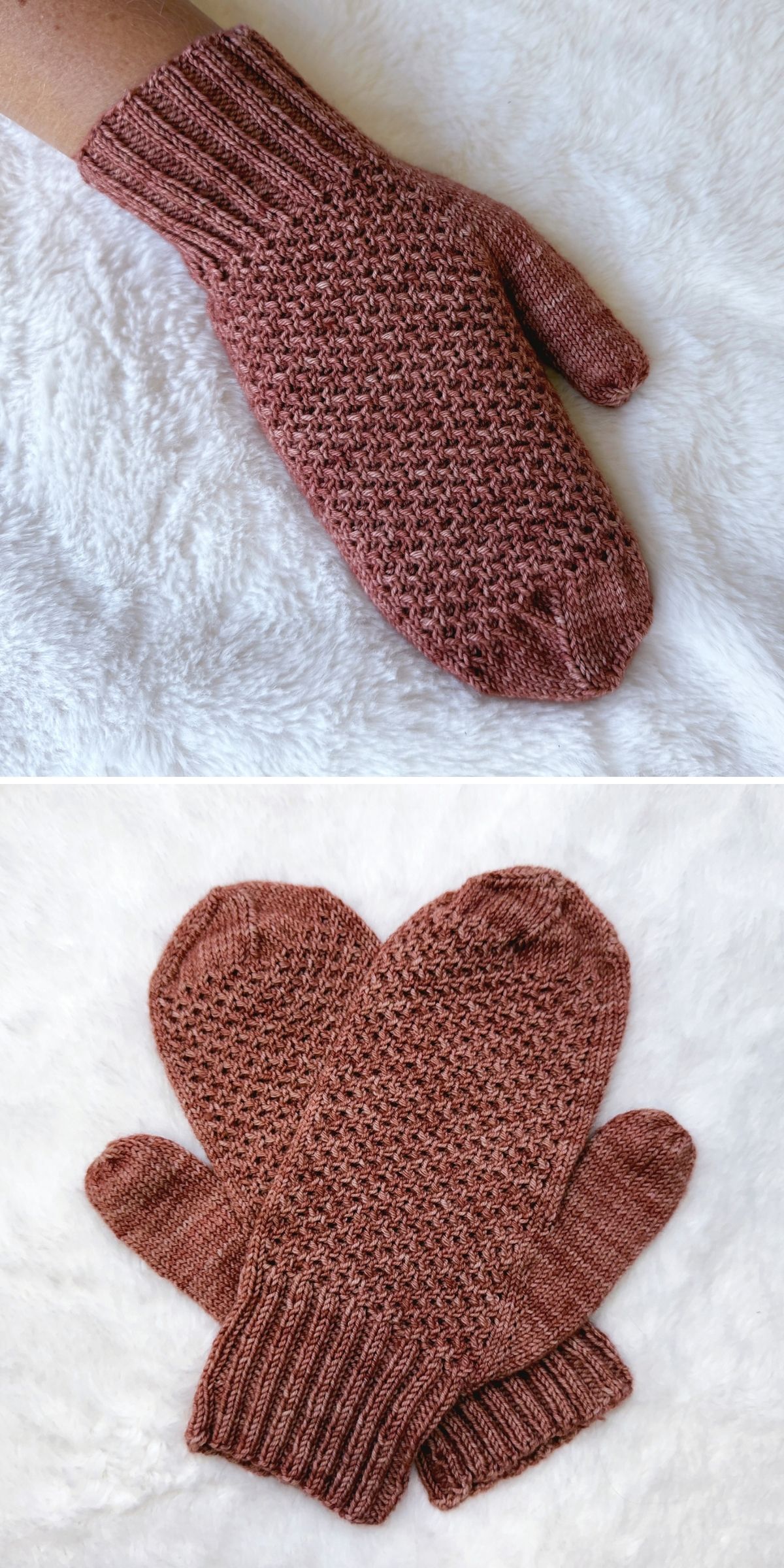 Top image: A hand wearing a textured brown knitted mitten. Bottom image: A pair of the same brown knitted mittens lying flat on a white textured surface.