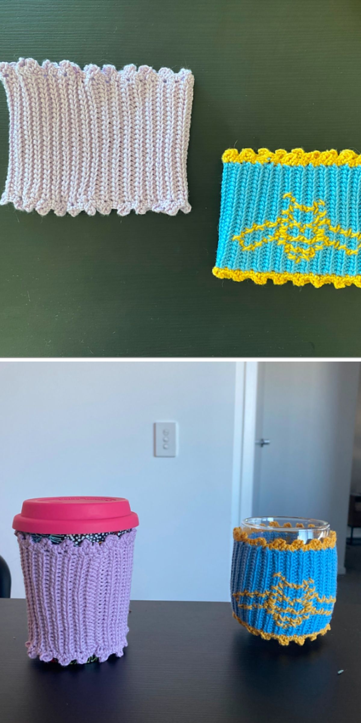 Two handmade crocheted cup sleeves, one white and one blue with yellow trim, are shown separately and fitted onto cups in the lower image—each serving as a charming crochet mug cozy to keep your drinks warmer for longer.
