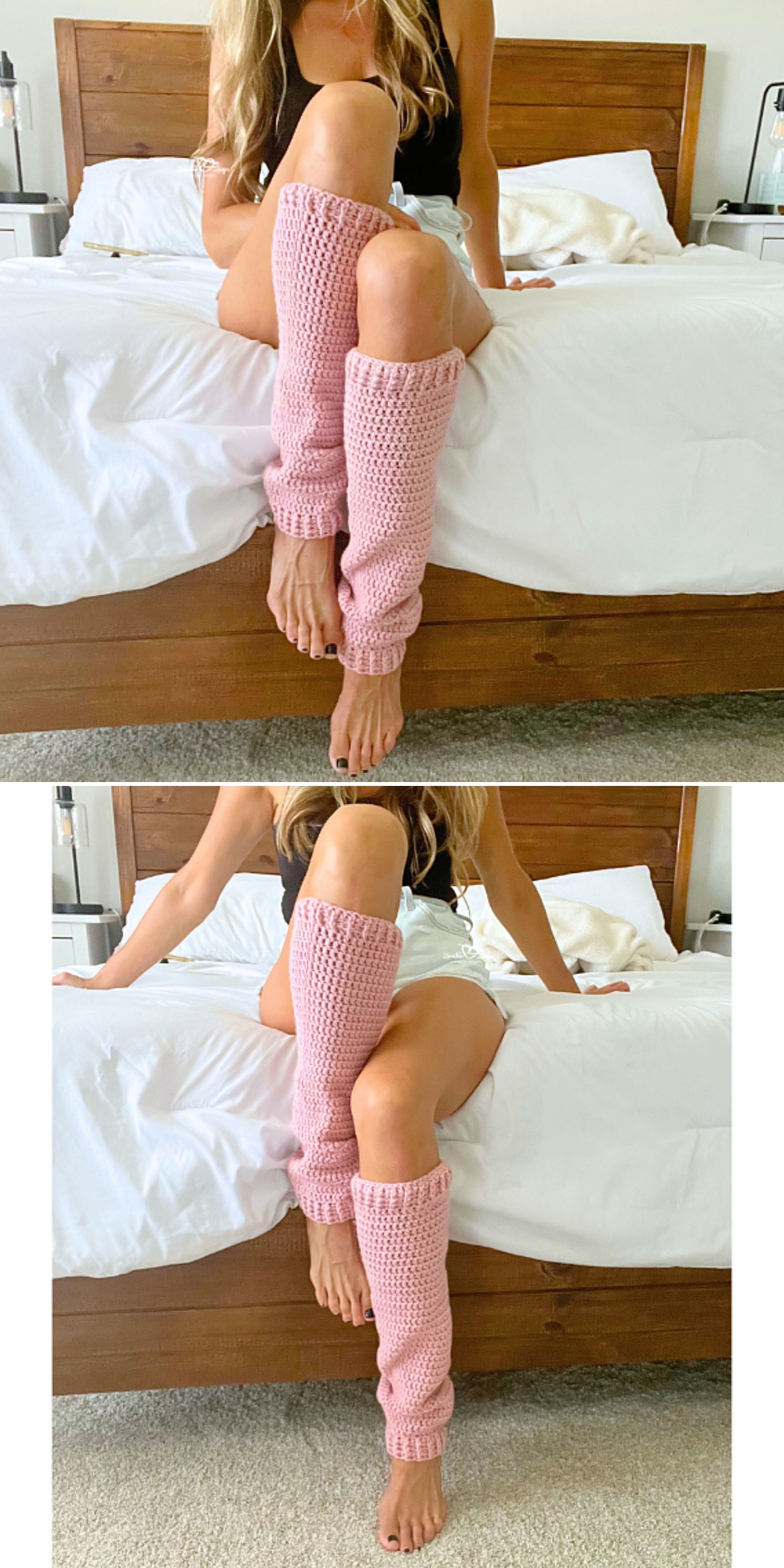 A person sitting on a bed wears pink crocheted leg warmers; first with both down, then with one pulled up to the knee, showing off a cozy style that’s perfect for anyone looking for crochet leg warmer patterns.