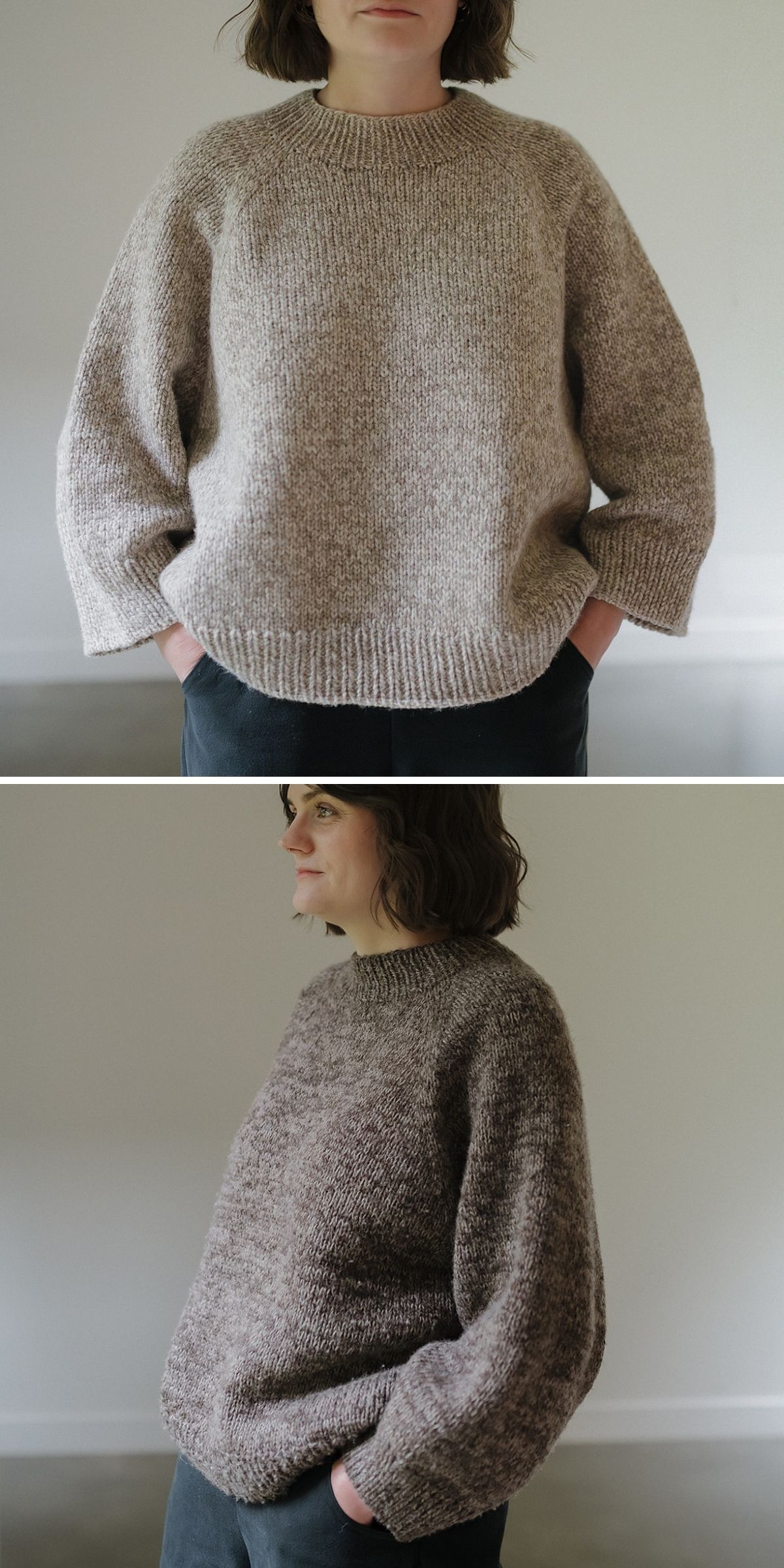 A person wearing a cozy, loose knit sweater in beige and dark pants stands with hands in pockets, shown from front and side angles.