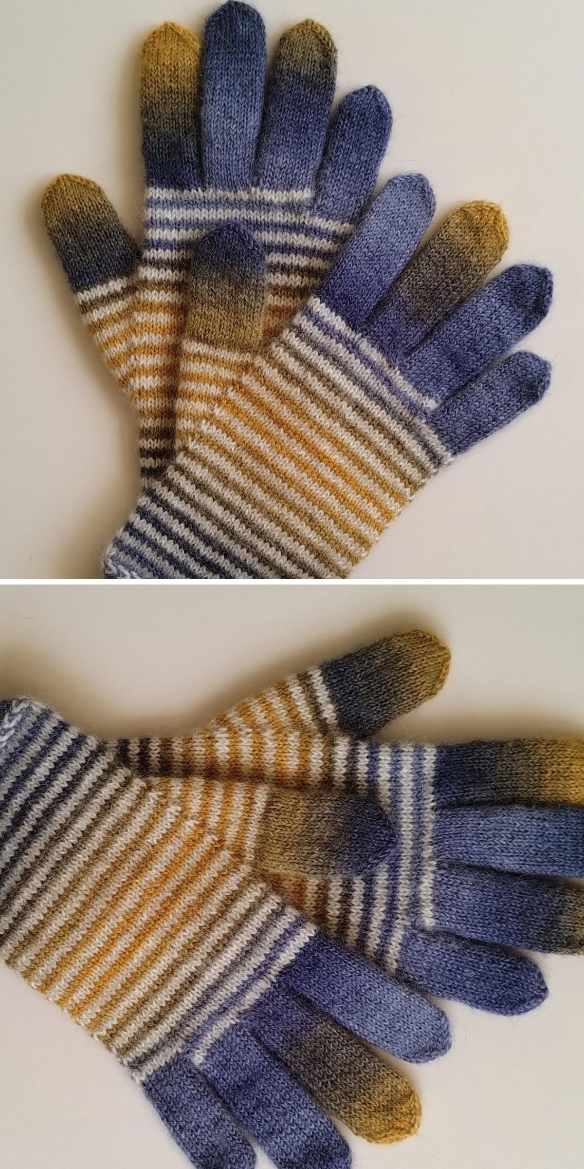 A pair of knitted gloves with blue, yellow, and white striped patterns evoke the cozy charm of a classic knitted mitten design. The fingertip sections are blue and yellow, adding a playful touch. The gloves are displayed on a plain surface.