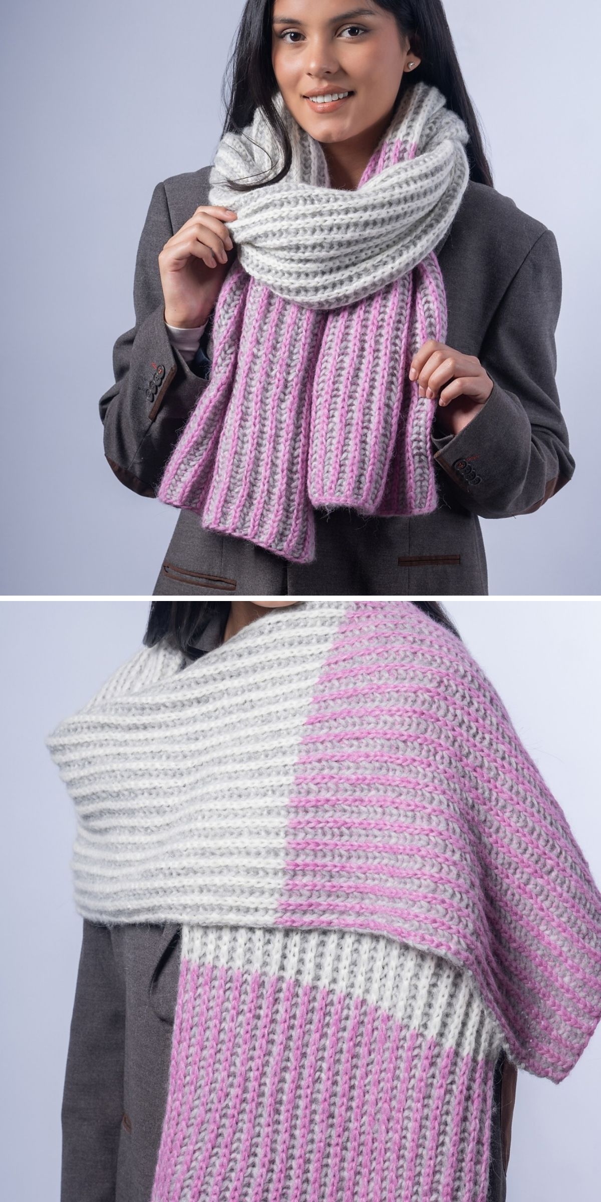 Woman wearing a thick, ribbed knit scarf with white and pink stripes, paired with a gray blazer. Close-up shows the rich texture and color transition of the knit scarf.
