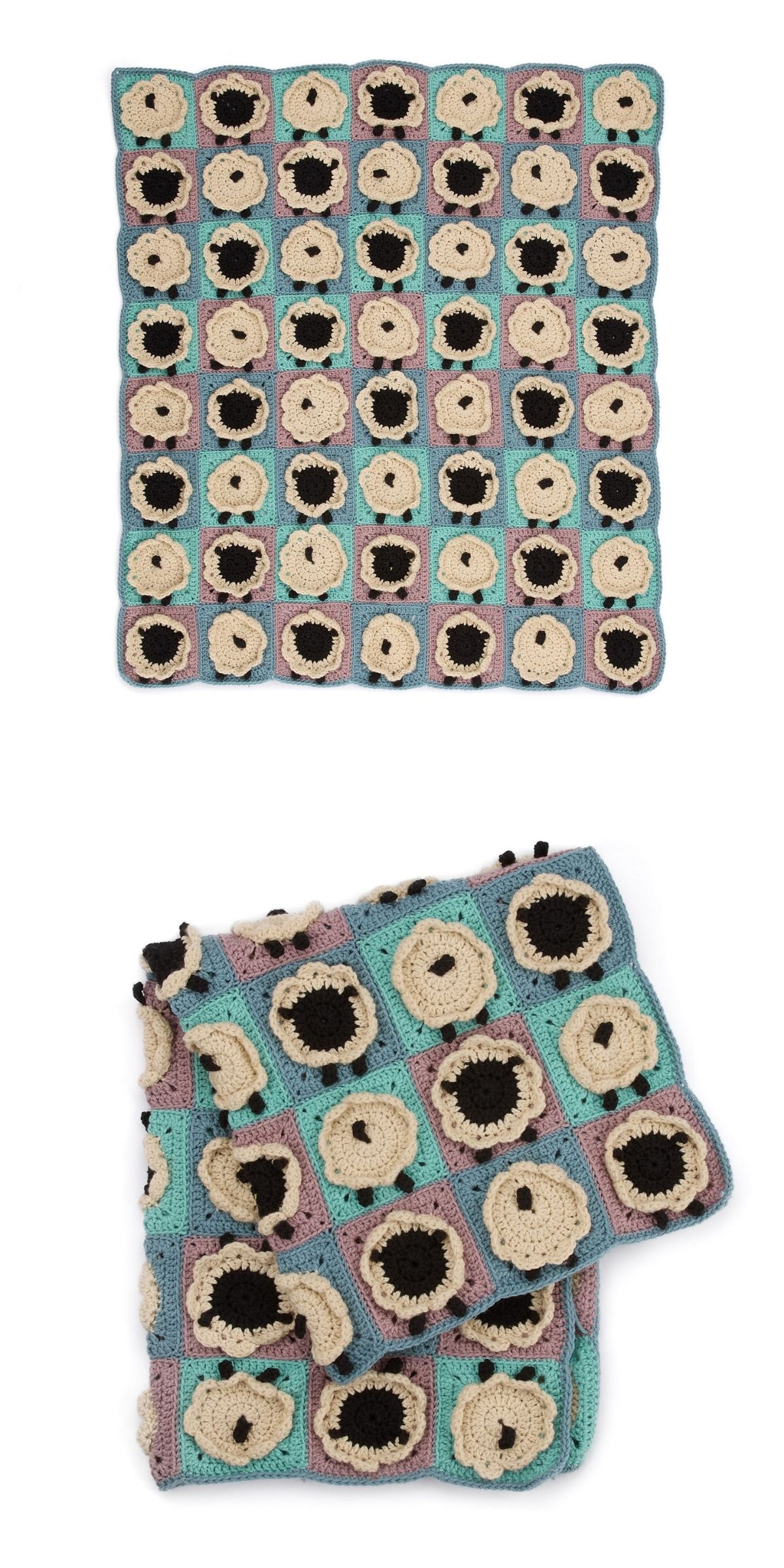 A crocheted blanket made of blue, purple, and beige granny squares with a central black or white sheep — each resembling a crochet animal square — shown flat and partially folded.