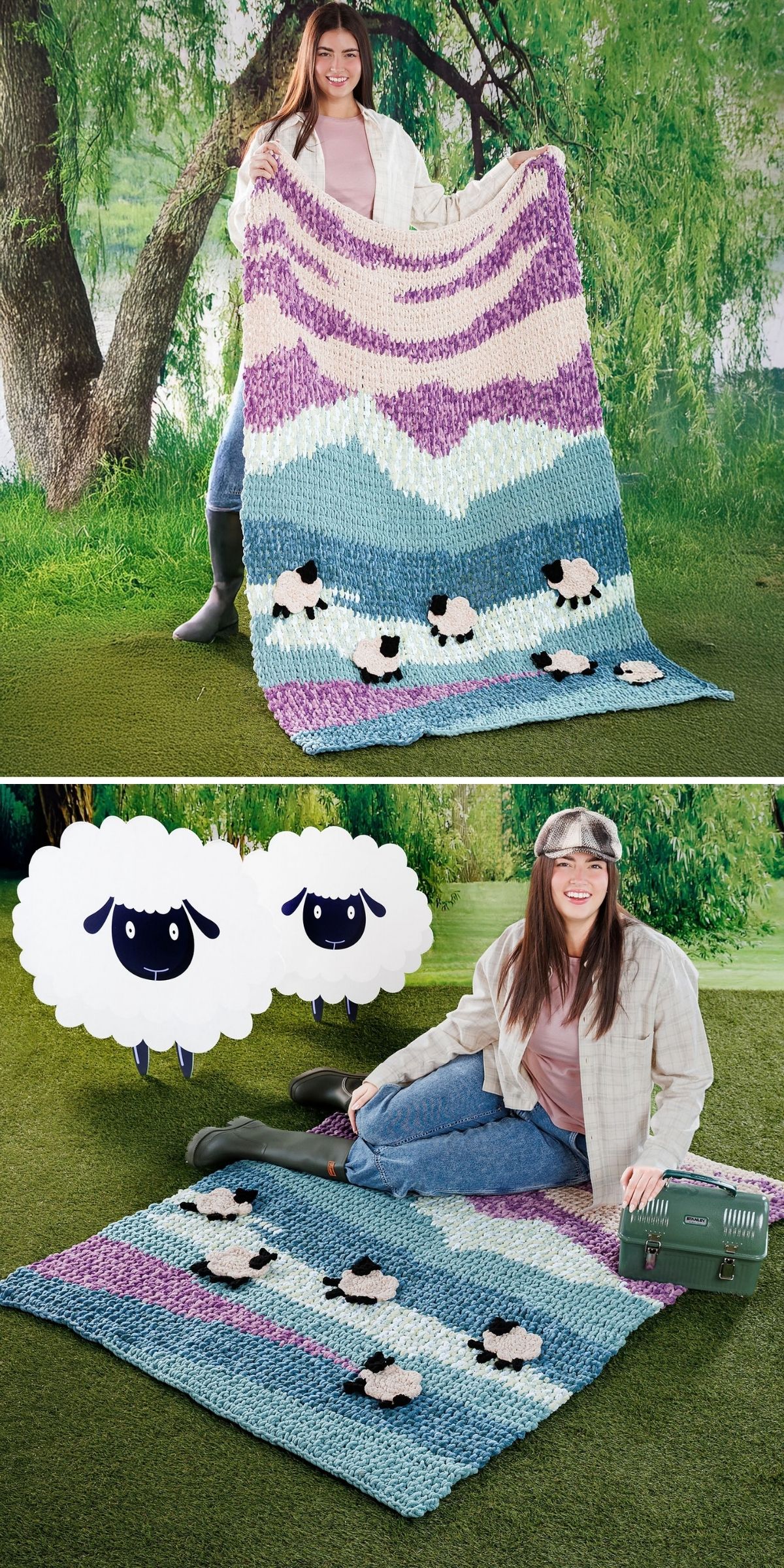 A person outdoors displays a crochet blanket with a mountain scene and sheep; in another photo, the crochet animal square design is spread on grass with added sheep illustrations.