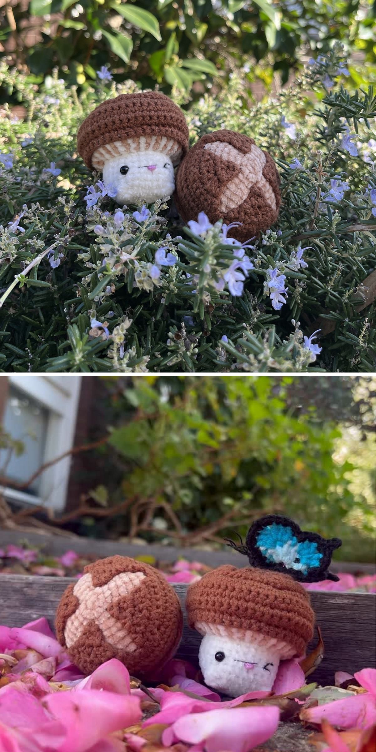 Two crochet mushroom characters with whimsical faces are shown outdoors—first nestled among green foliage, then perched on pink petals; in the second image, a delicate blue butterfly rests atop one crochet mushroom’s cap.
