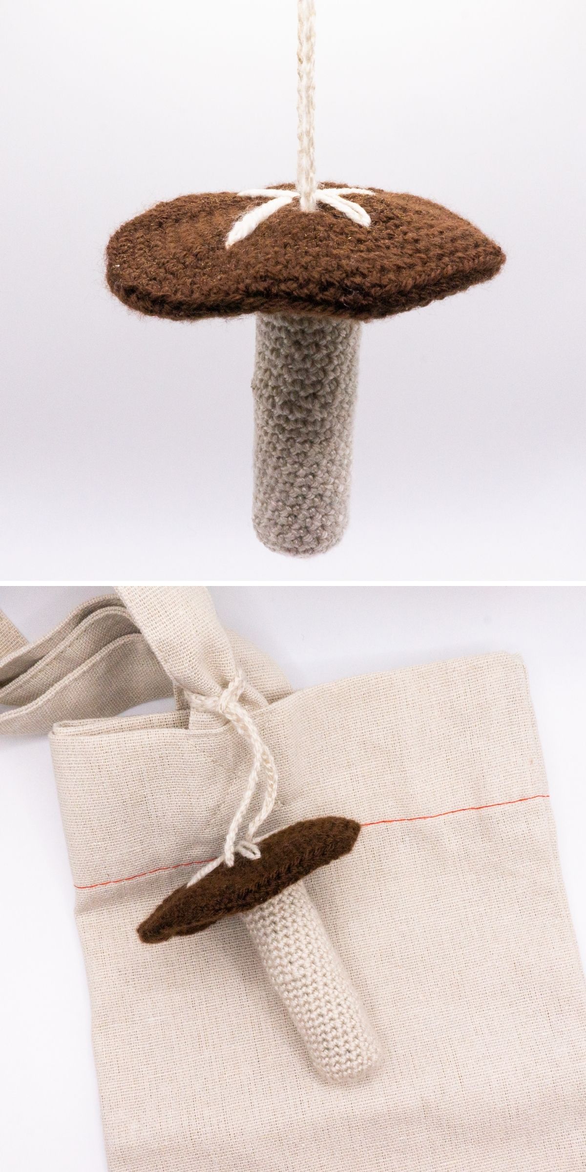 A crochet mushroom ornament with a brown cap and beige stalk, shown hanging alone and tied to a canvas tote bag.